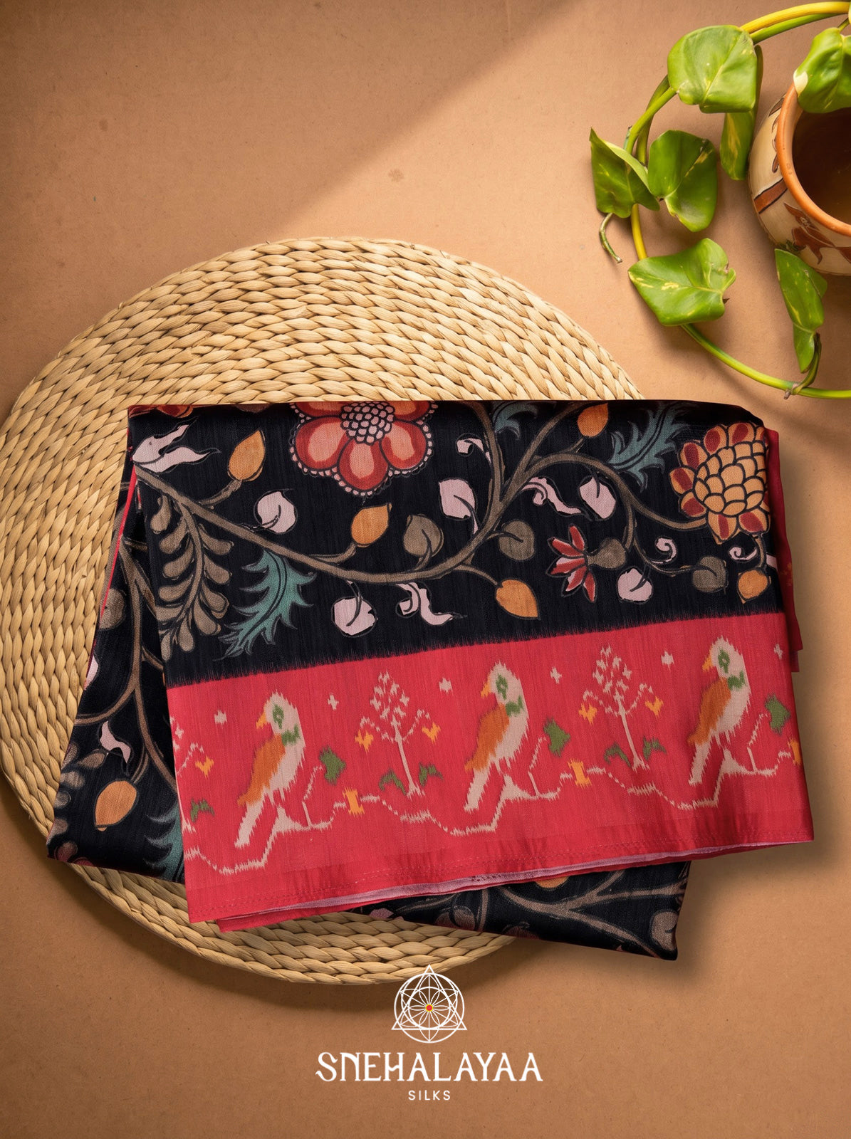 Black Floral Printed Tussar Silk Saree with Red Border