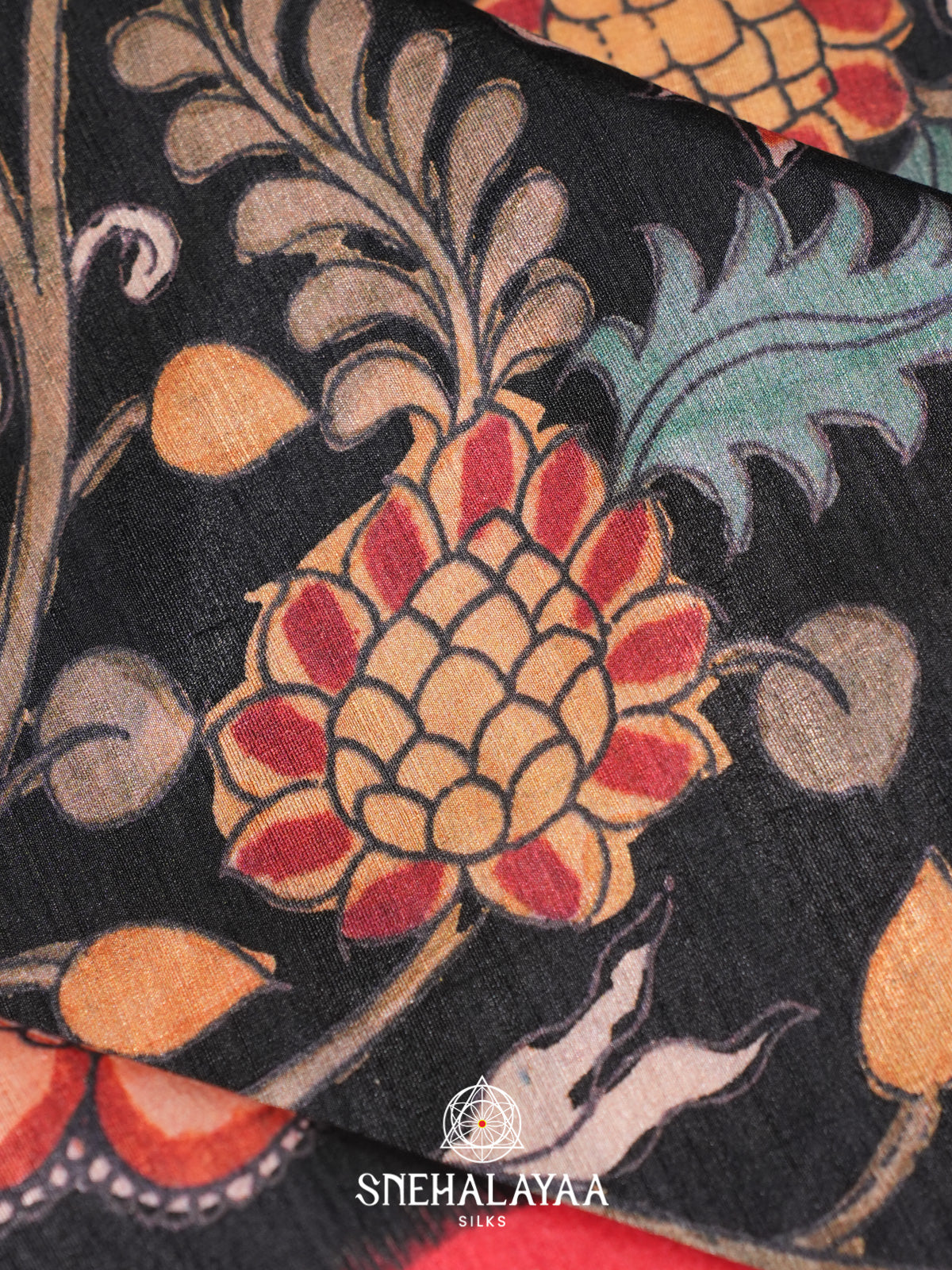Black Floral Printed Tussar Silk Saree with Red Border