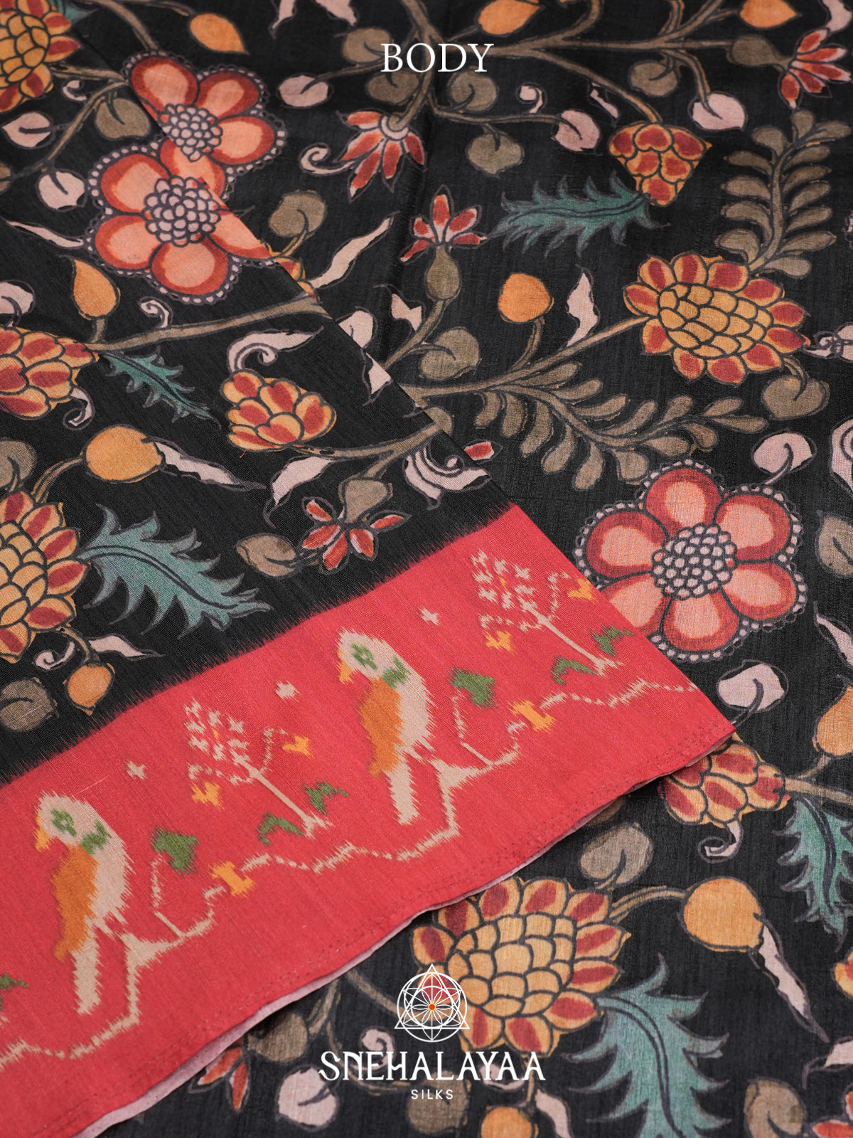 Black Floral Printed Tussar Silk Saree with Red Border