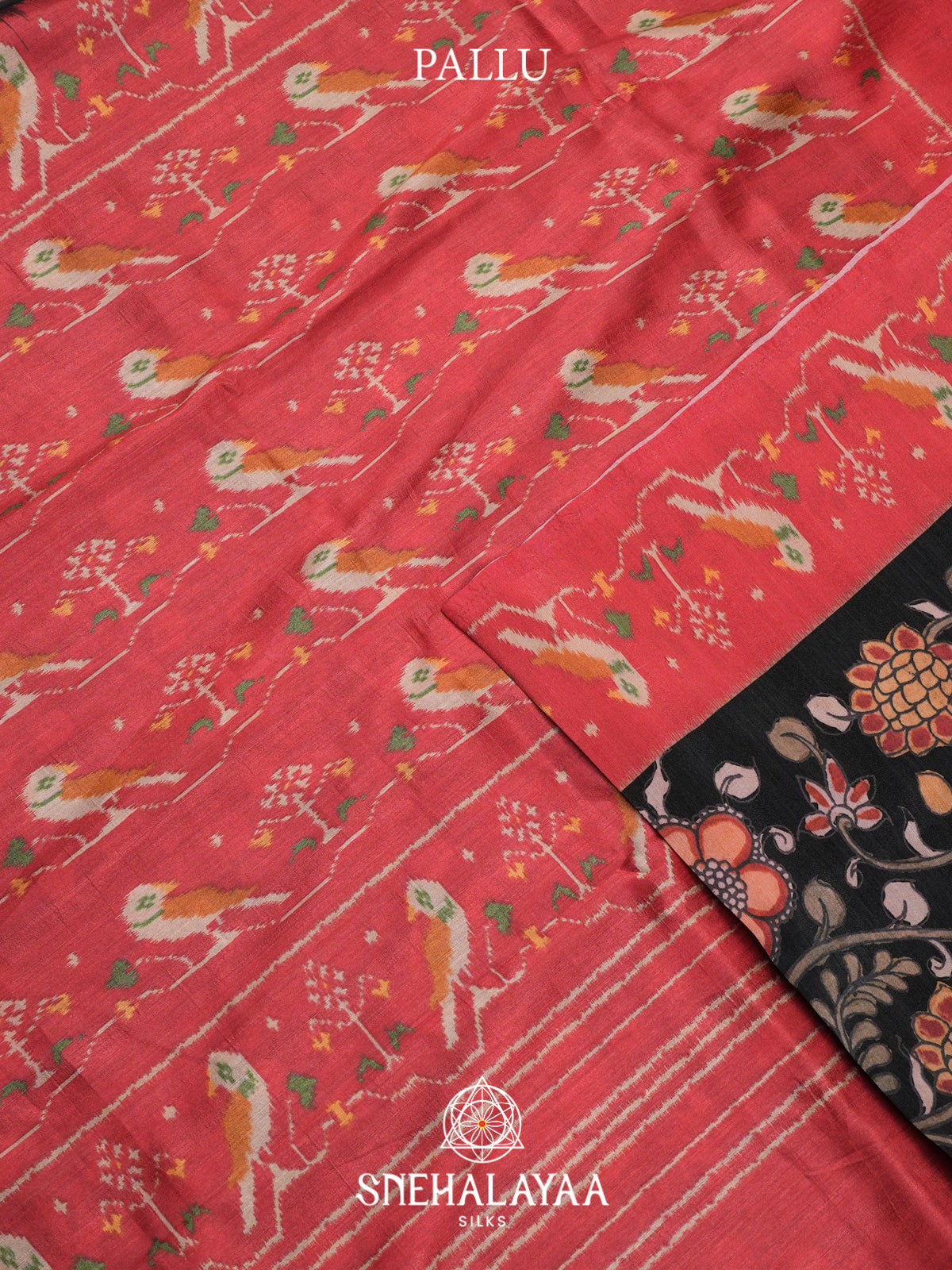 Black Floral Printed Tussar Silk Saree with Red Border