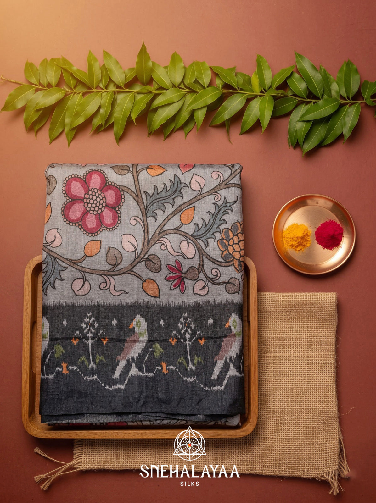 Grey Floral Printed Tussar Silk Saree with Charcoal Grey Ikat Border