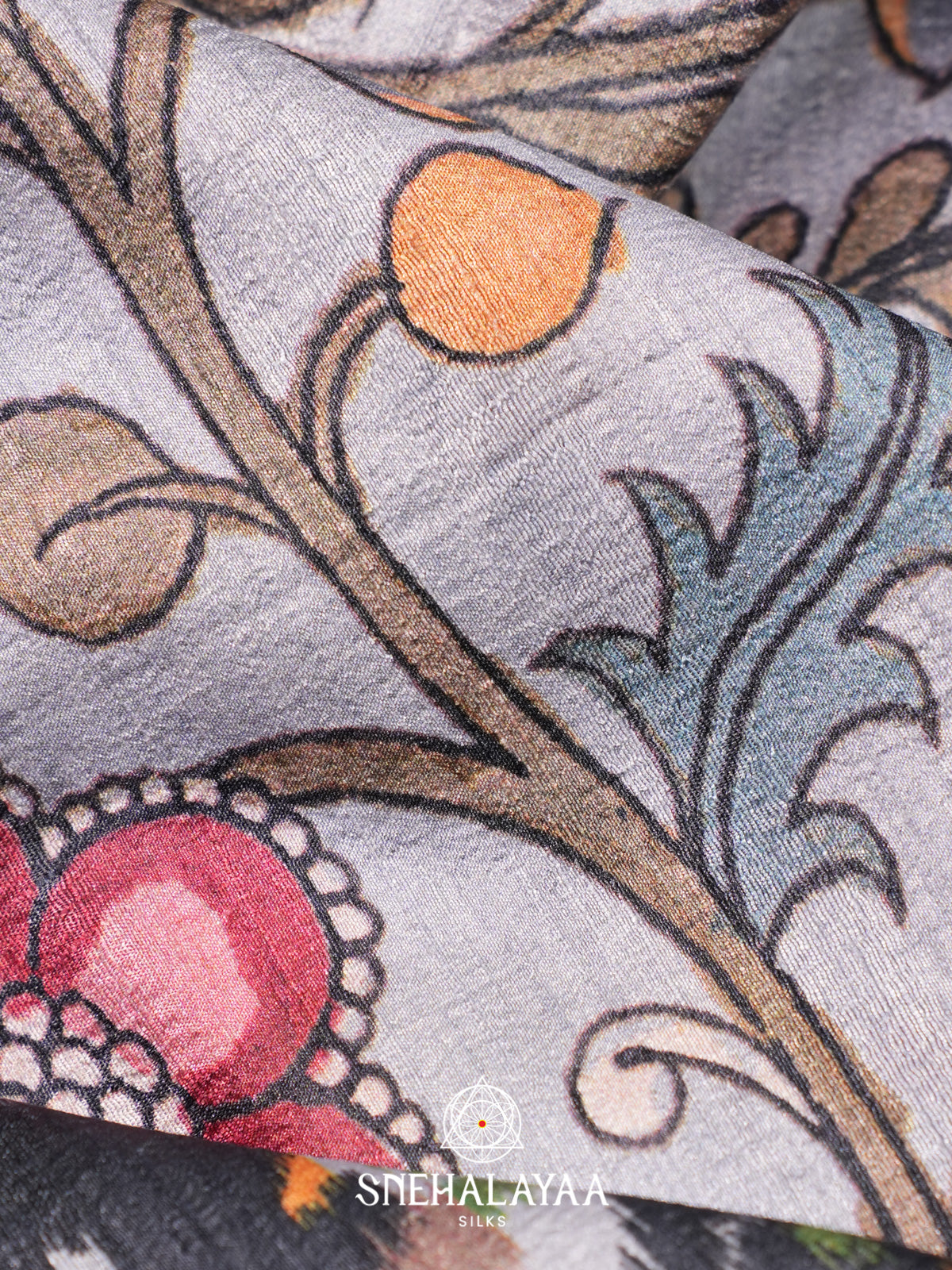Grey Floral Printed Tussar Silk Saree with Charcoal Grey Ikat Border