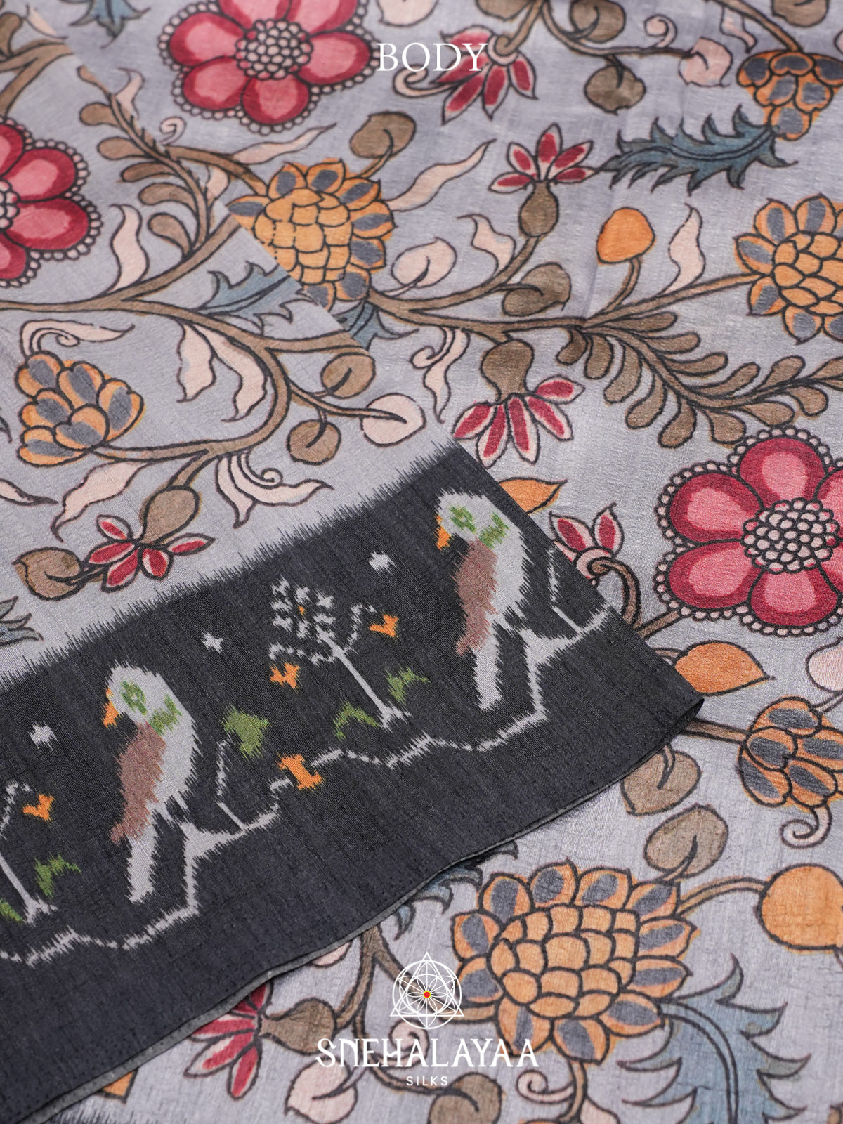 Grey Floral Printed Tussar Silk Saree with Charcoal Grey Ikat Border