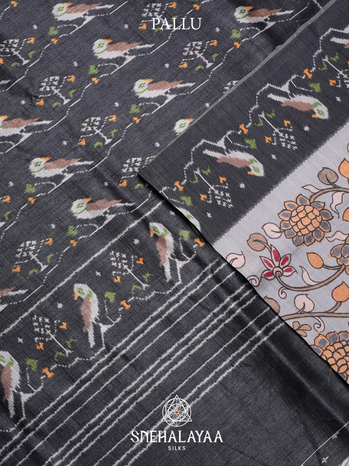 Grey Floral Printed Tussar Silk Saree with Charcoal Grey Ikat Border
