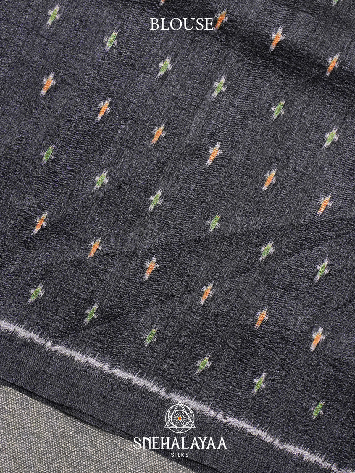 Grey Floral Printed Tussar Silk Saree with Charcoal Grey Ikat Border