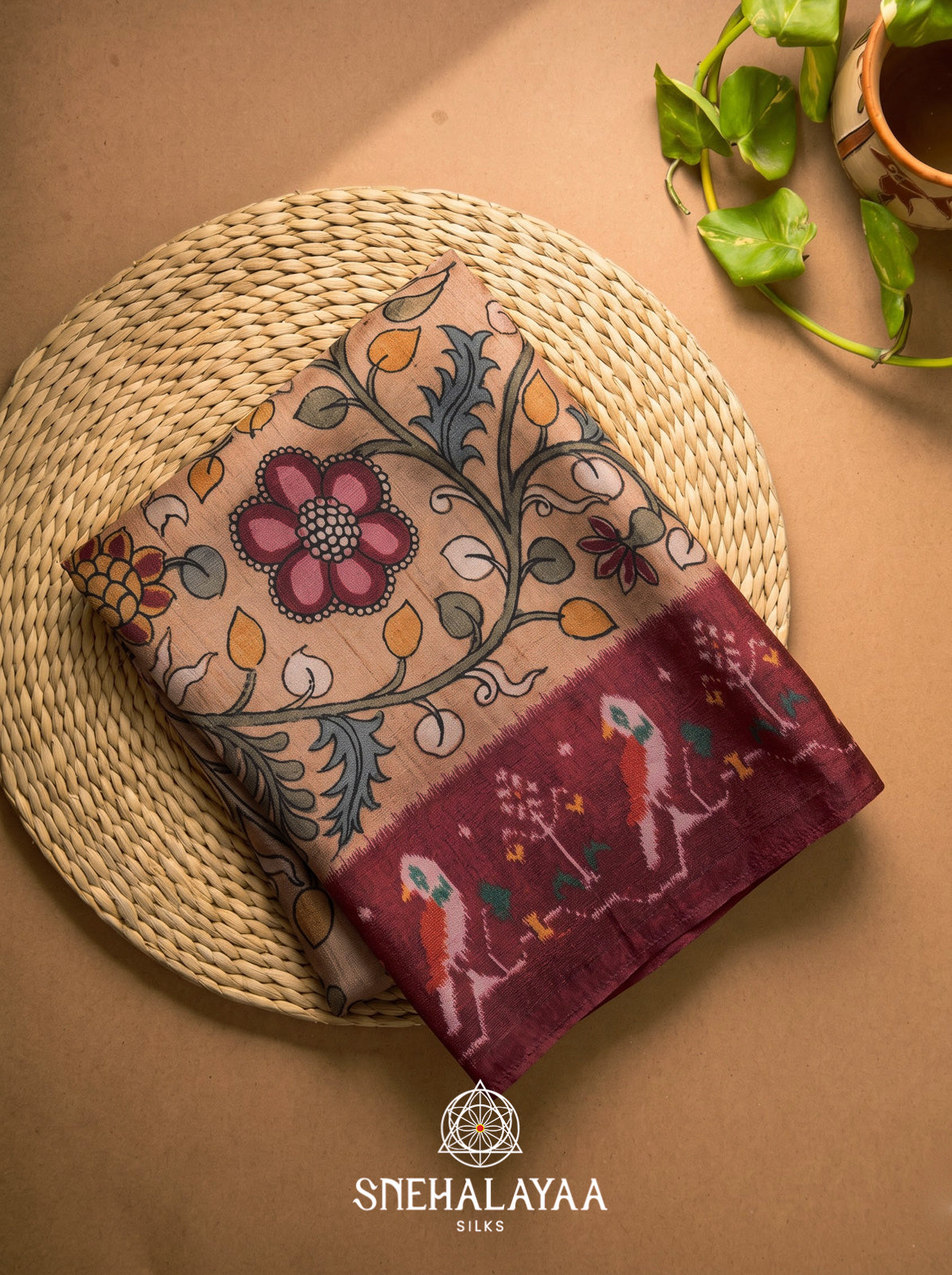 Peach Floral Printed Tussar Silk Saree with Maroon Ikat Border