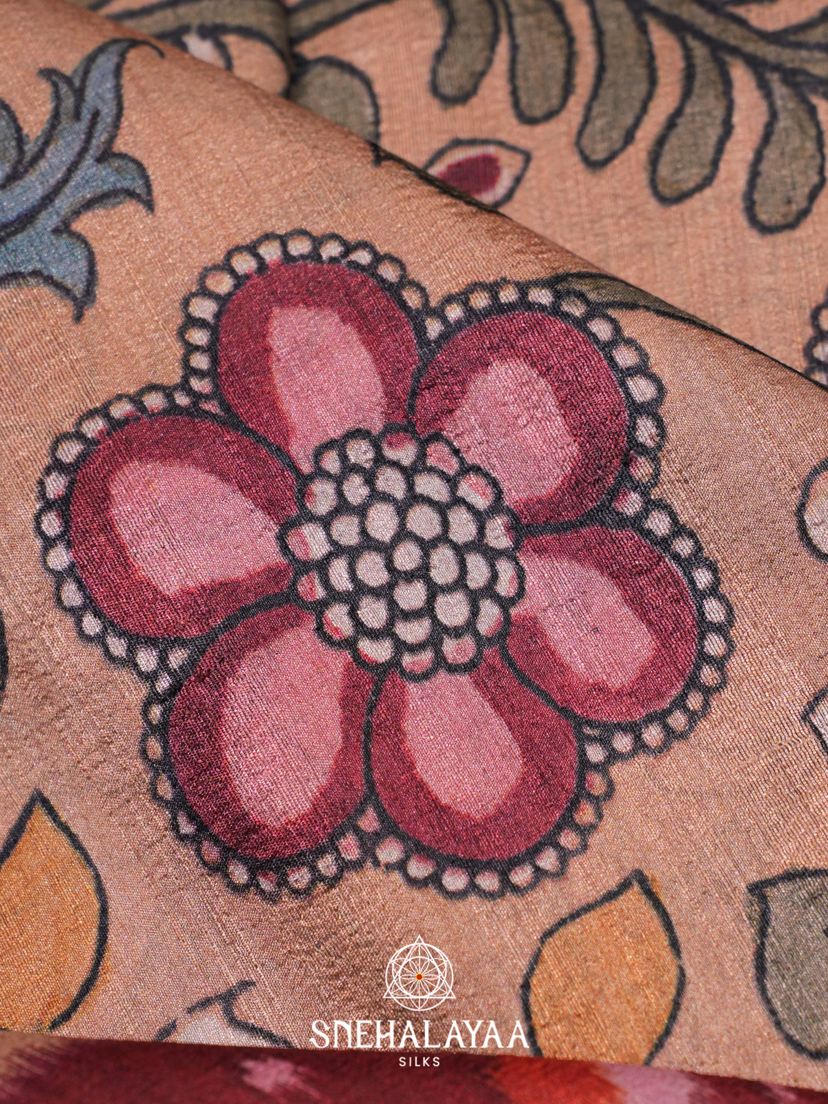 Peach Floral Printed Tussar Silk Saree with Maroon Ikat Border