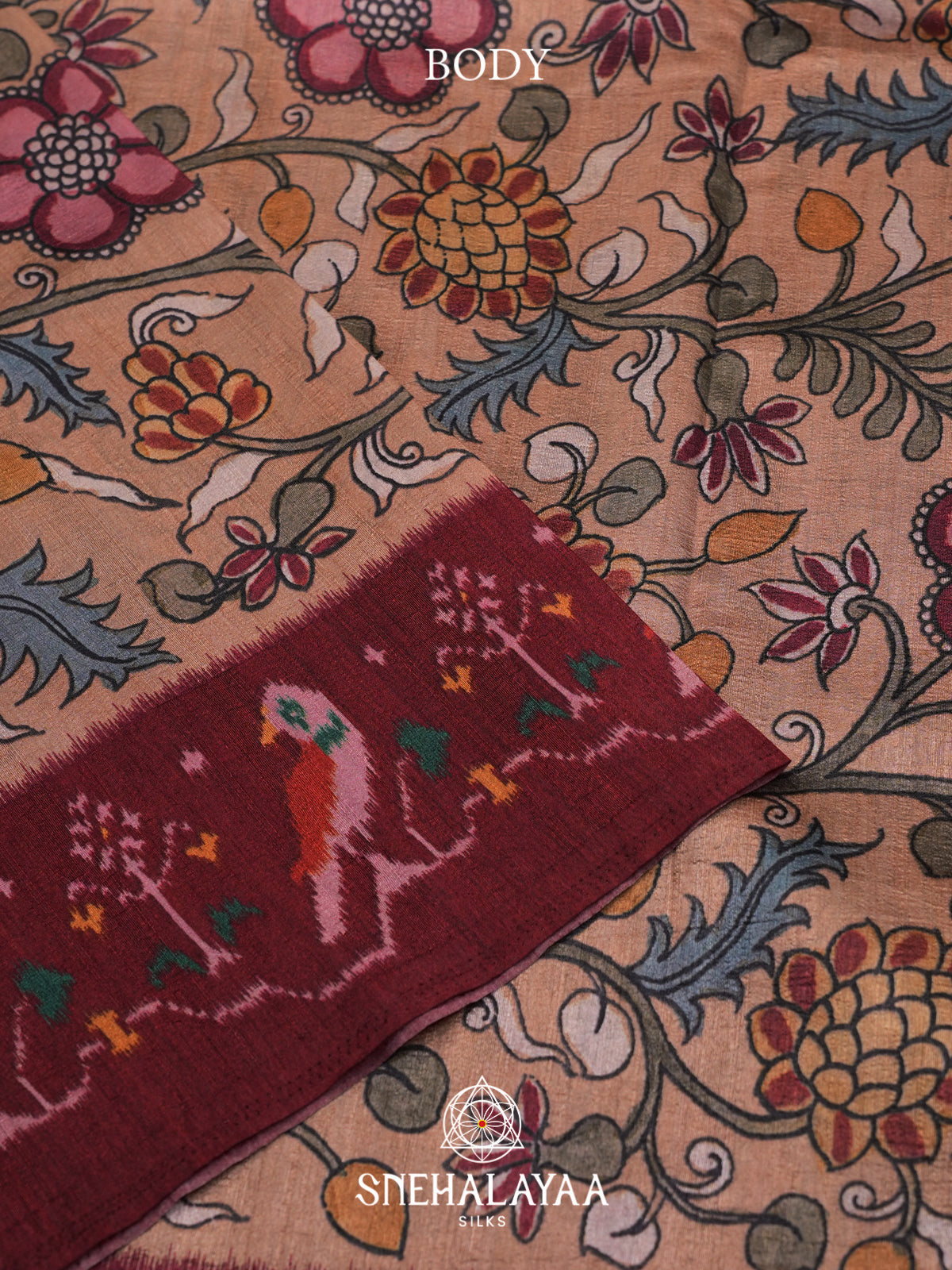 Peach Floral Printed Tussar Silk Saree with Maroon Ikat Border
