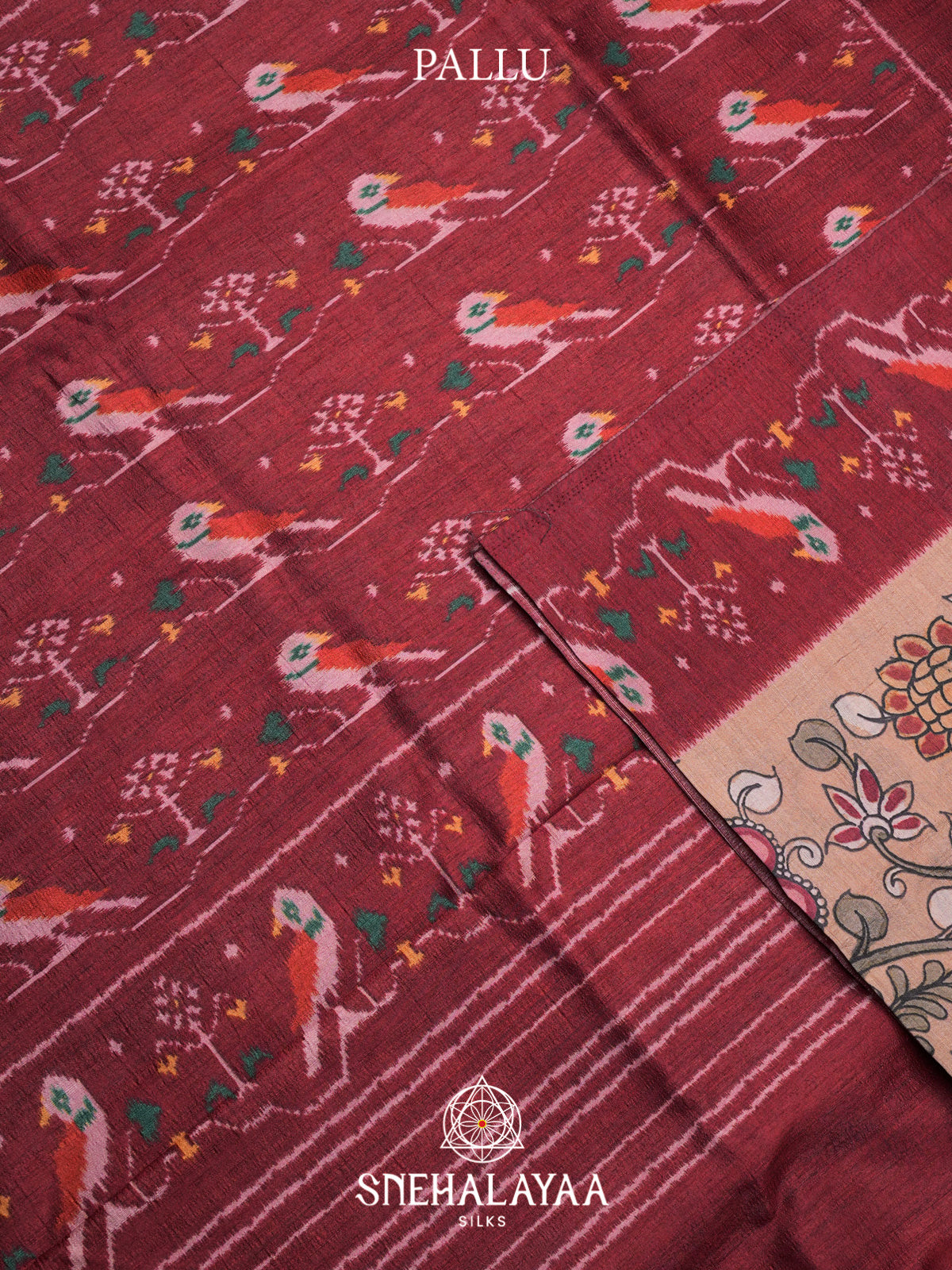 Peach Floral Printed Tussar Silk Saree with Maroon Ikat Border