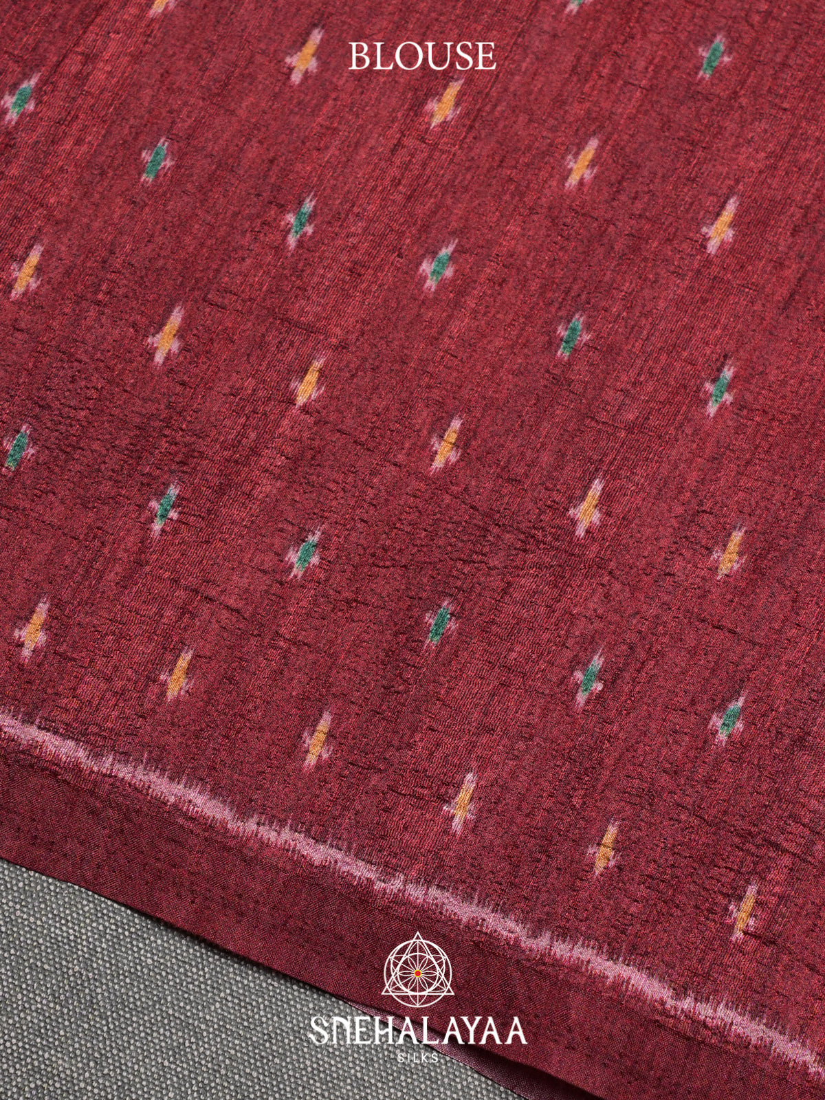 Peach Floral Printed Tussar Silk Saree with Maroon Ikat Border