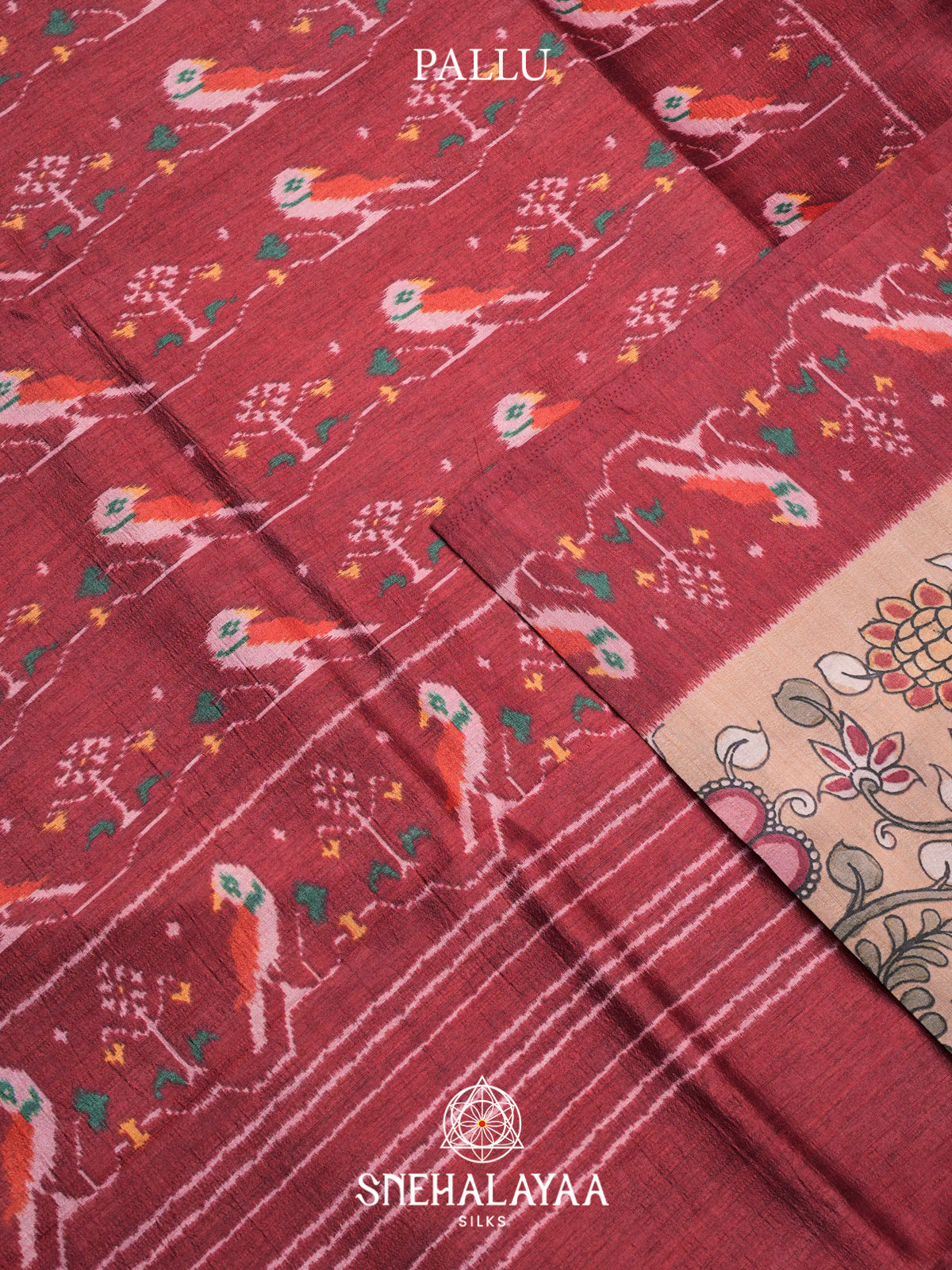 Dusty Peach Floral Printed Tussar Silk Saree with Maroon Ikat Border