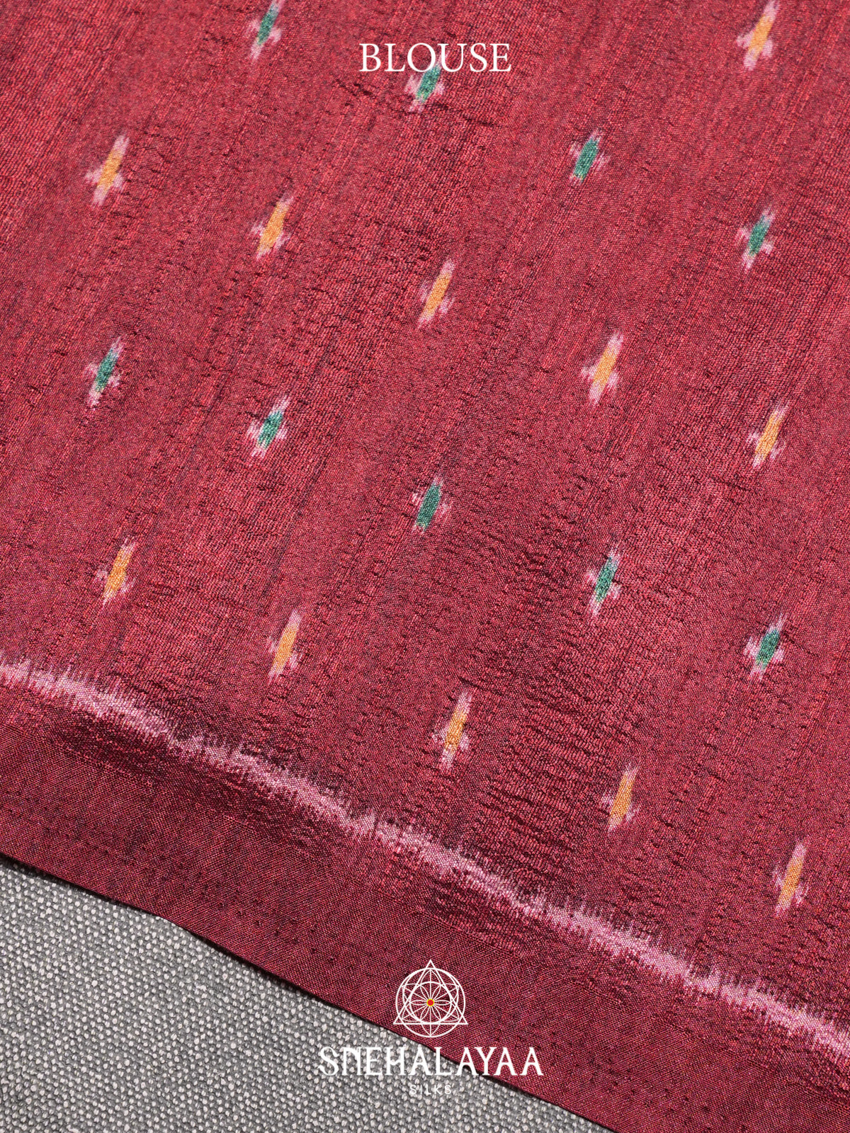 Dusty Peach Floral Printed Tussar Silk Saree with Maroon Ikat Border