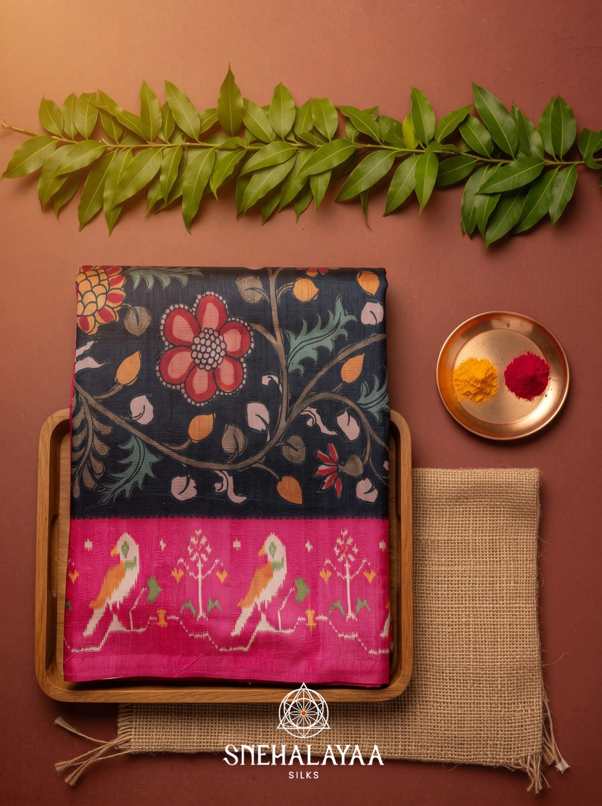 Navy Blue Floral Printed Tussar Silk Saree with Pink Ikat Border