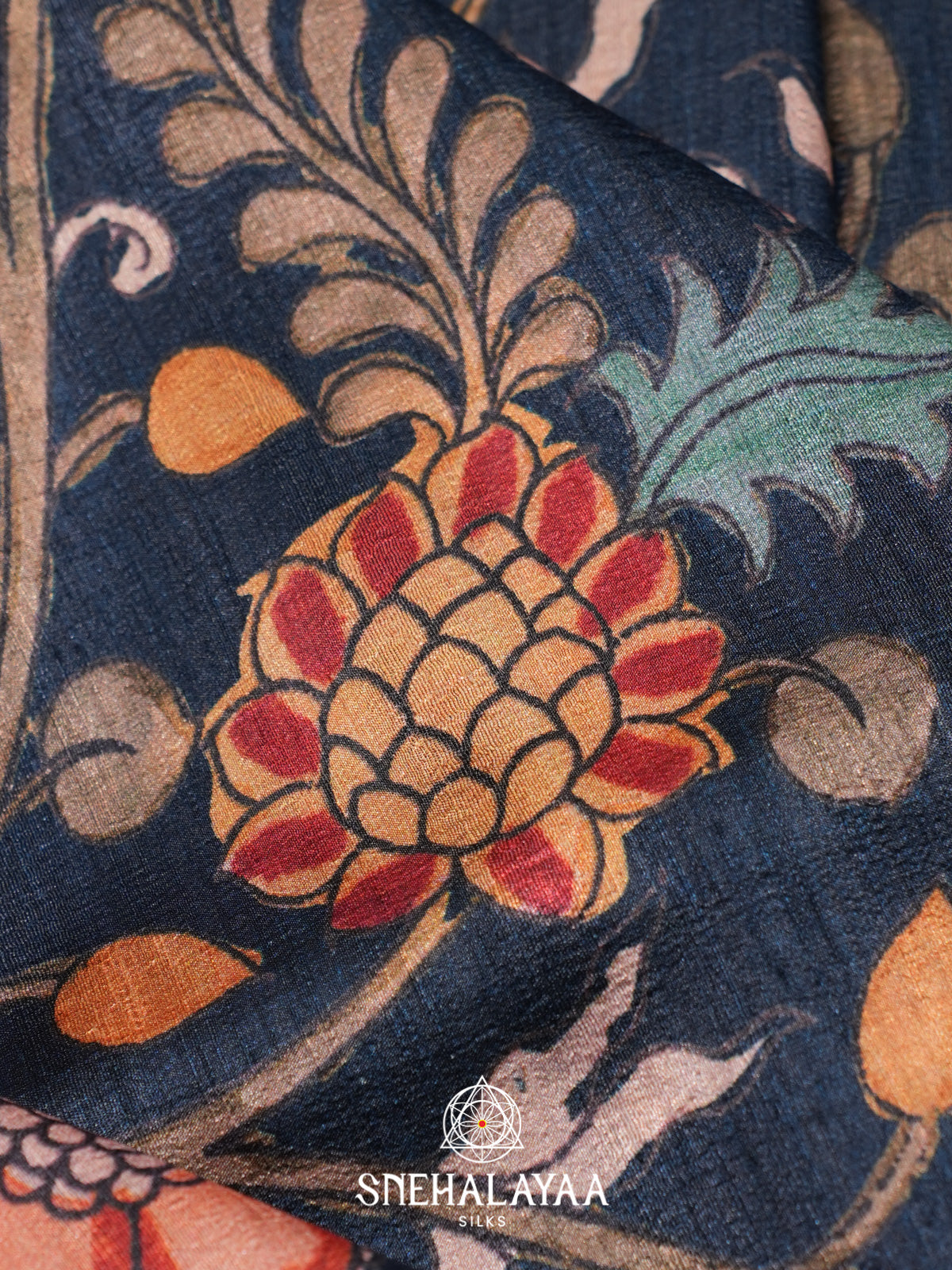 Navy Blue Floral Printed Tussar Silk Saree with Pink Ikat Border