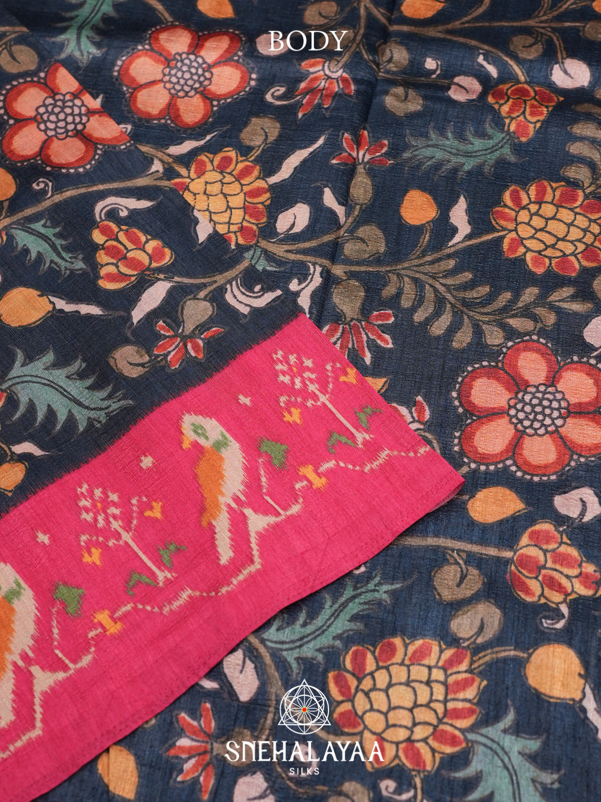 Navy Blue Floral Printed Tussar Silk Saree with Pink Ikat Border