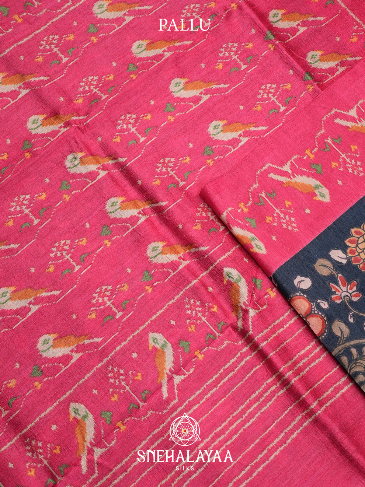 Navy Blue Floral Printed Tussar Silk Saree with Pink Ikat Border
