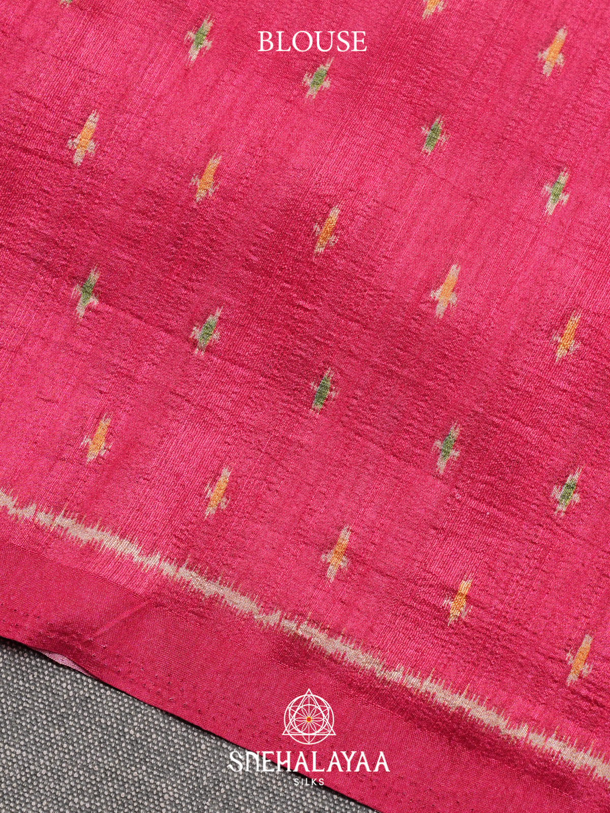 Navy Blue Floral Printed Tussar Silk Saree with Pink Ikat Border