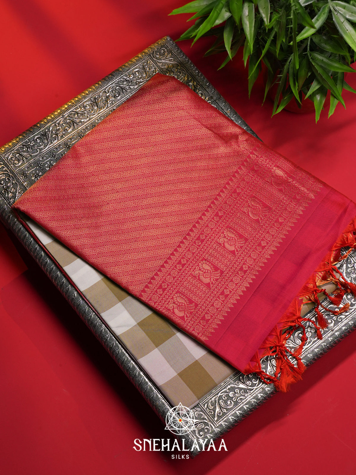 Olive Green Checks Soft Silk Saree