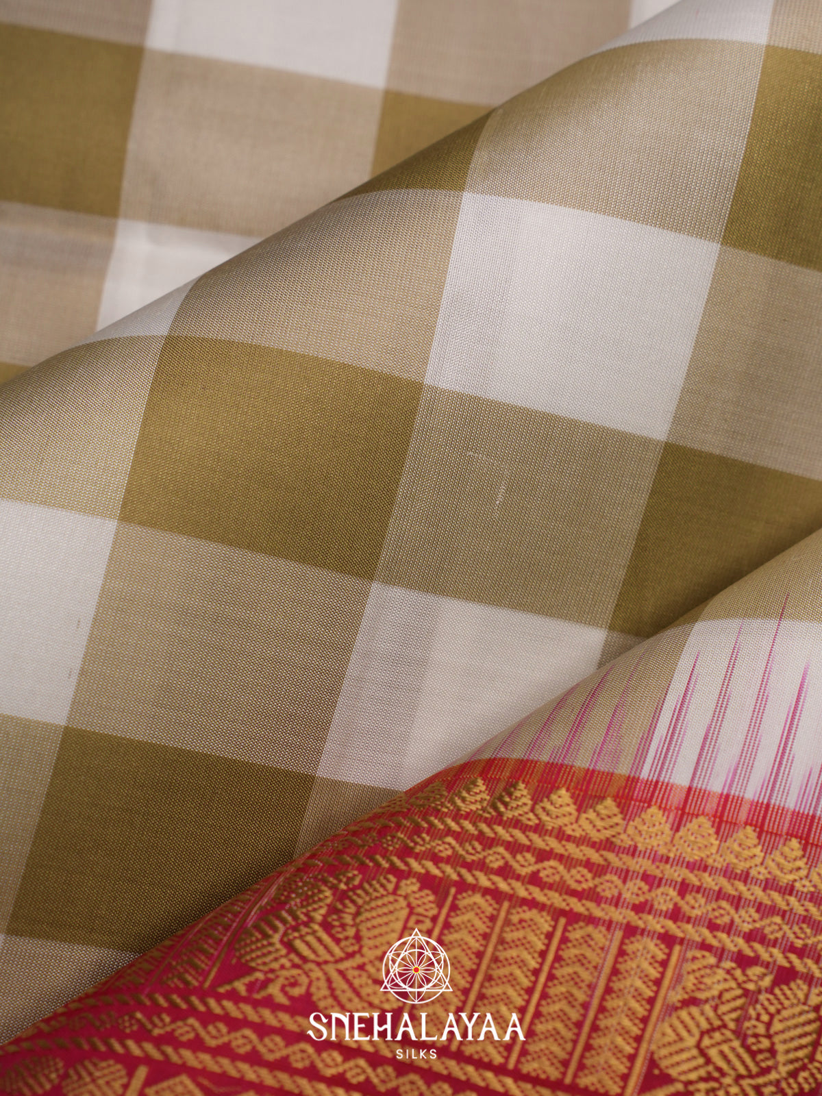Olive Green Checks Soft Silk Saree