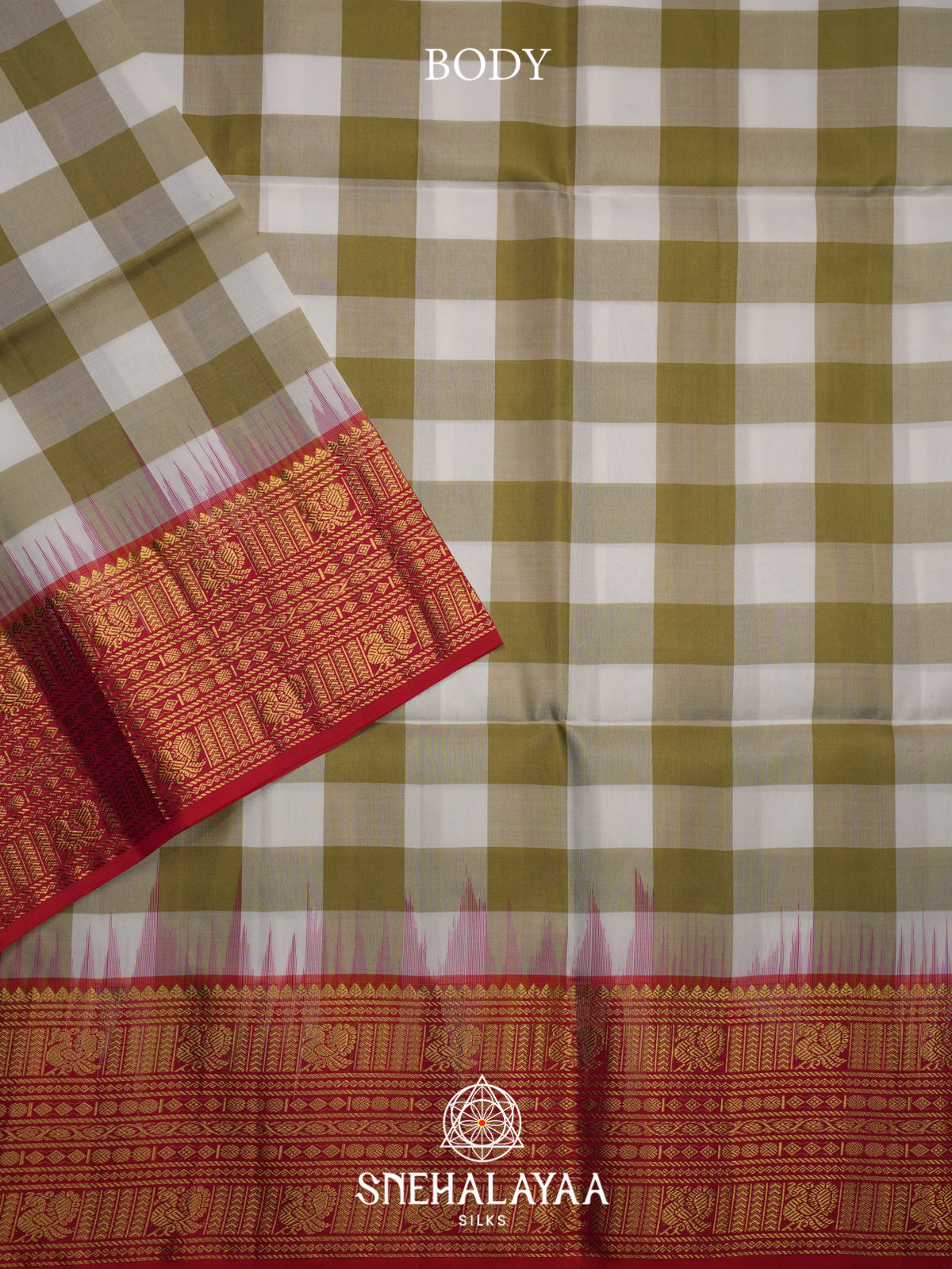 Olive Green Checks Soft Silk Saree