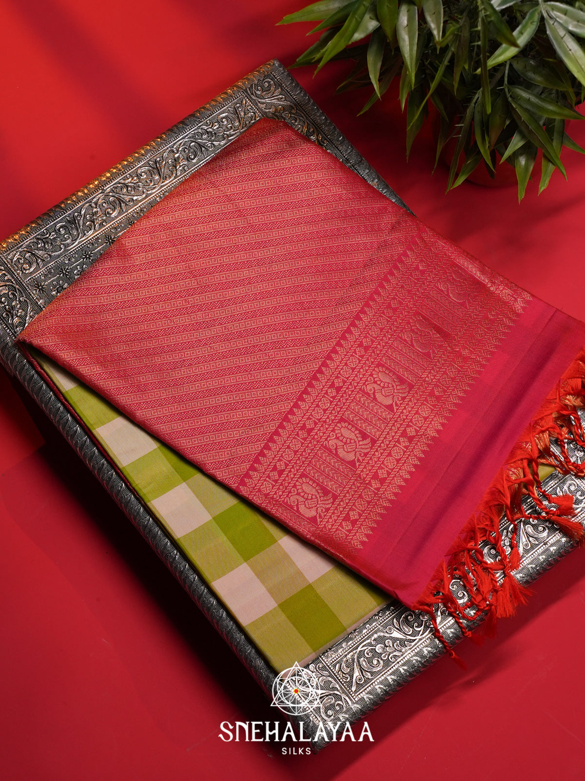 Lime Green Checks Soft Silk Saree
