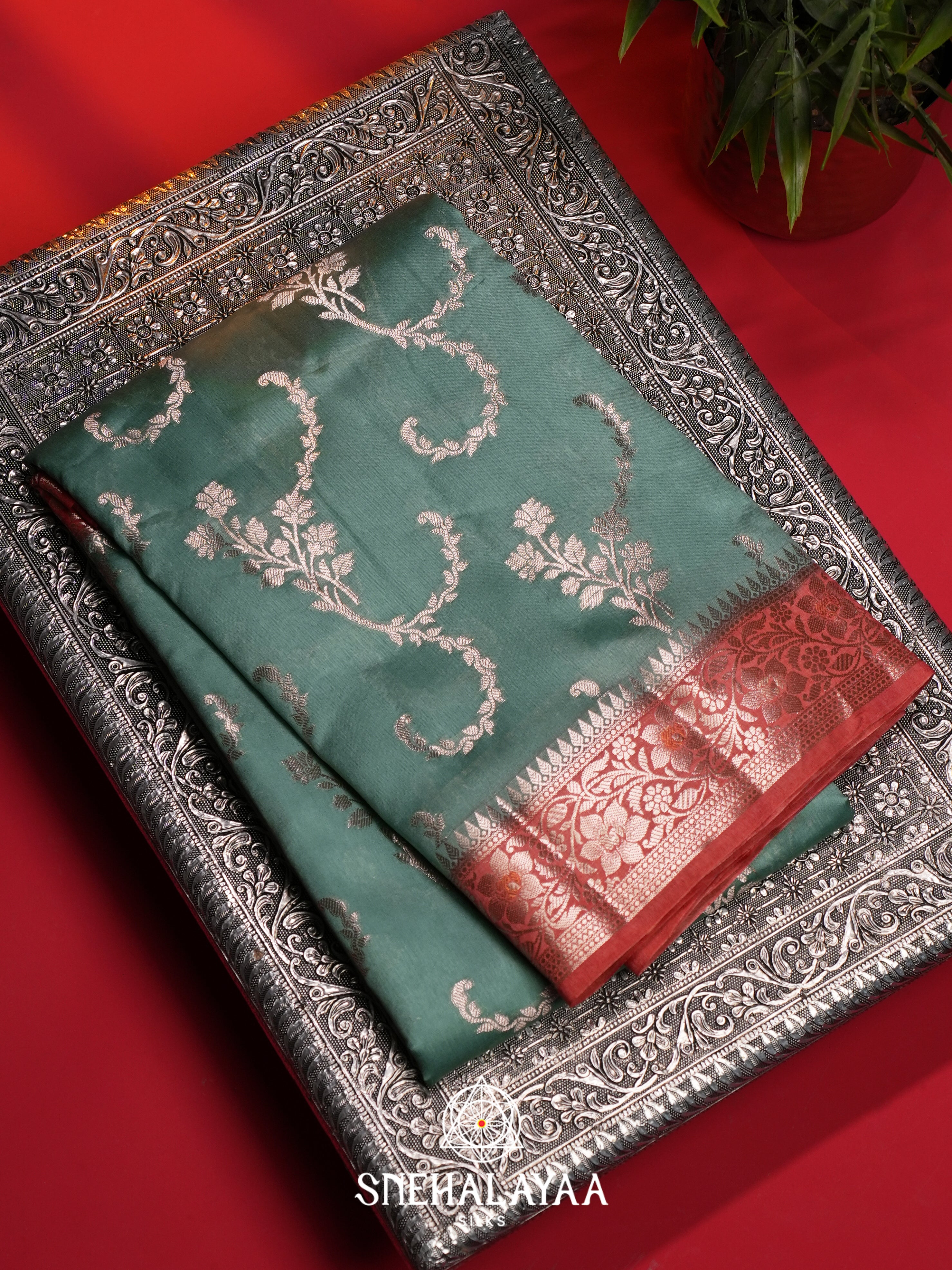 Teal Green Dupion Silk Saree