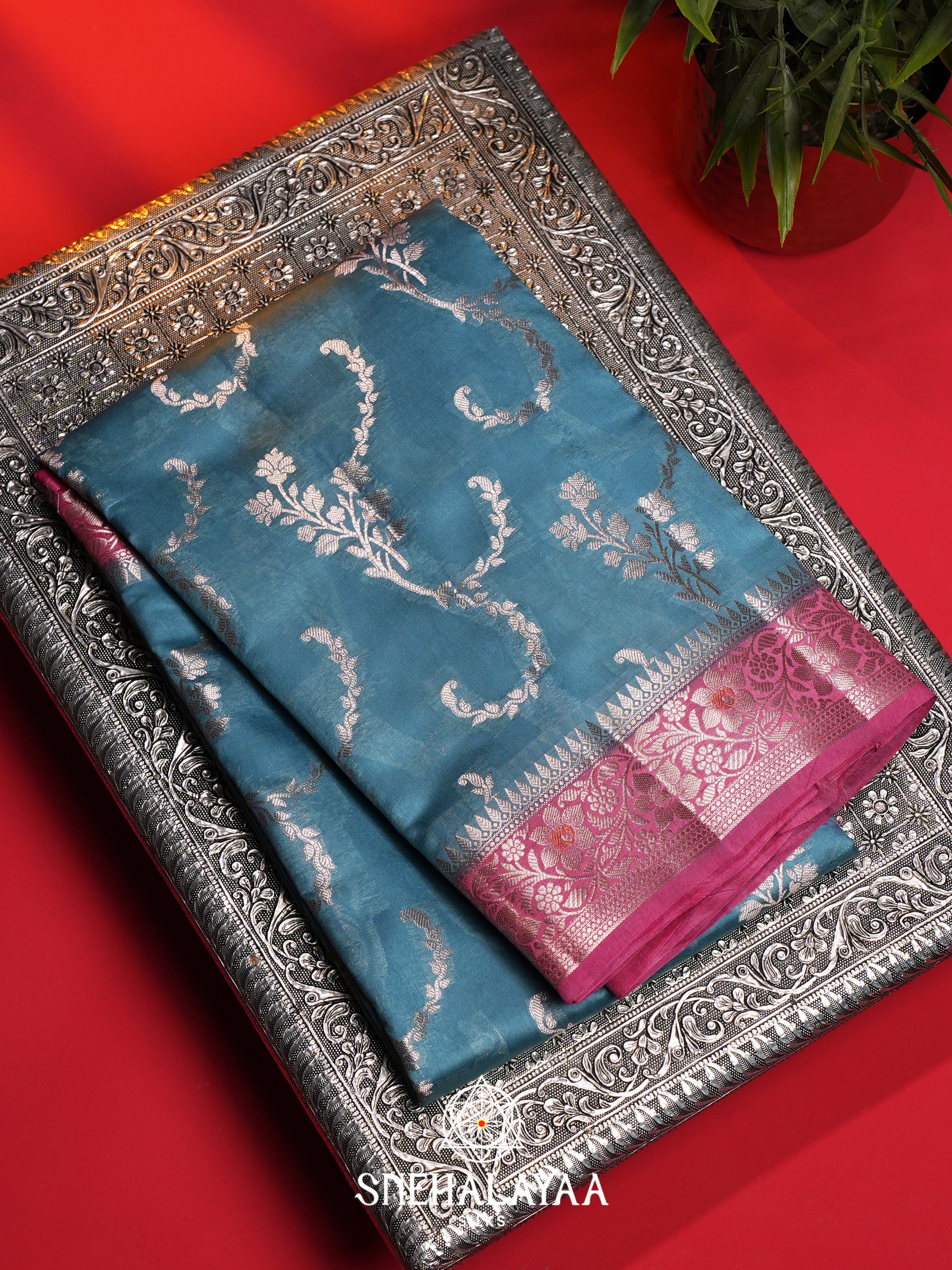 Teal Blue Dupion Silk Saree
