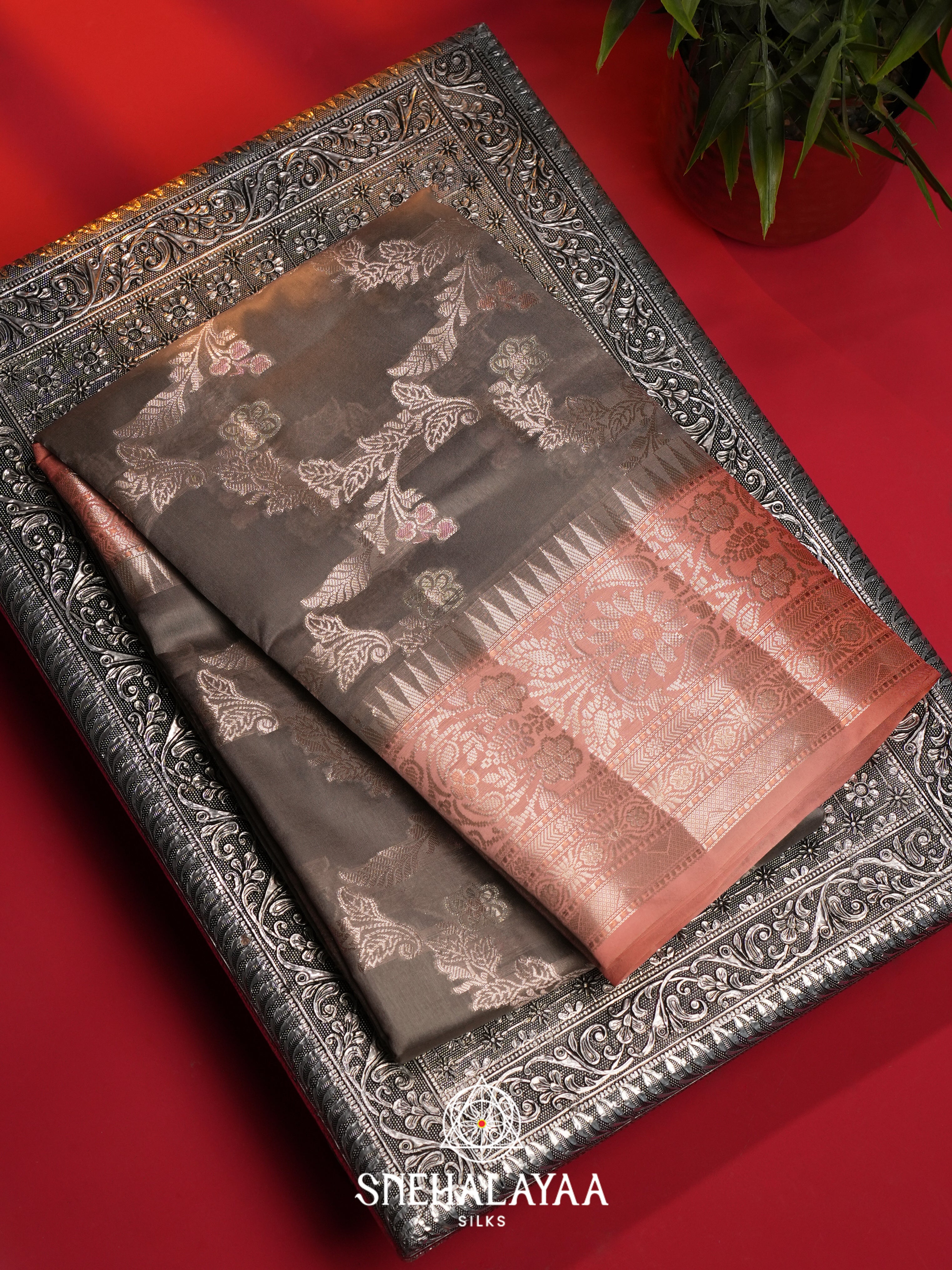 Grey Dupion Silk Saree