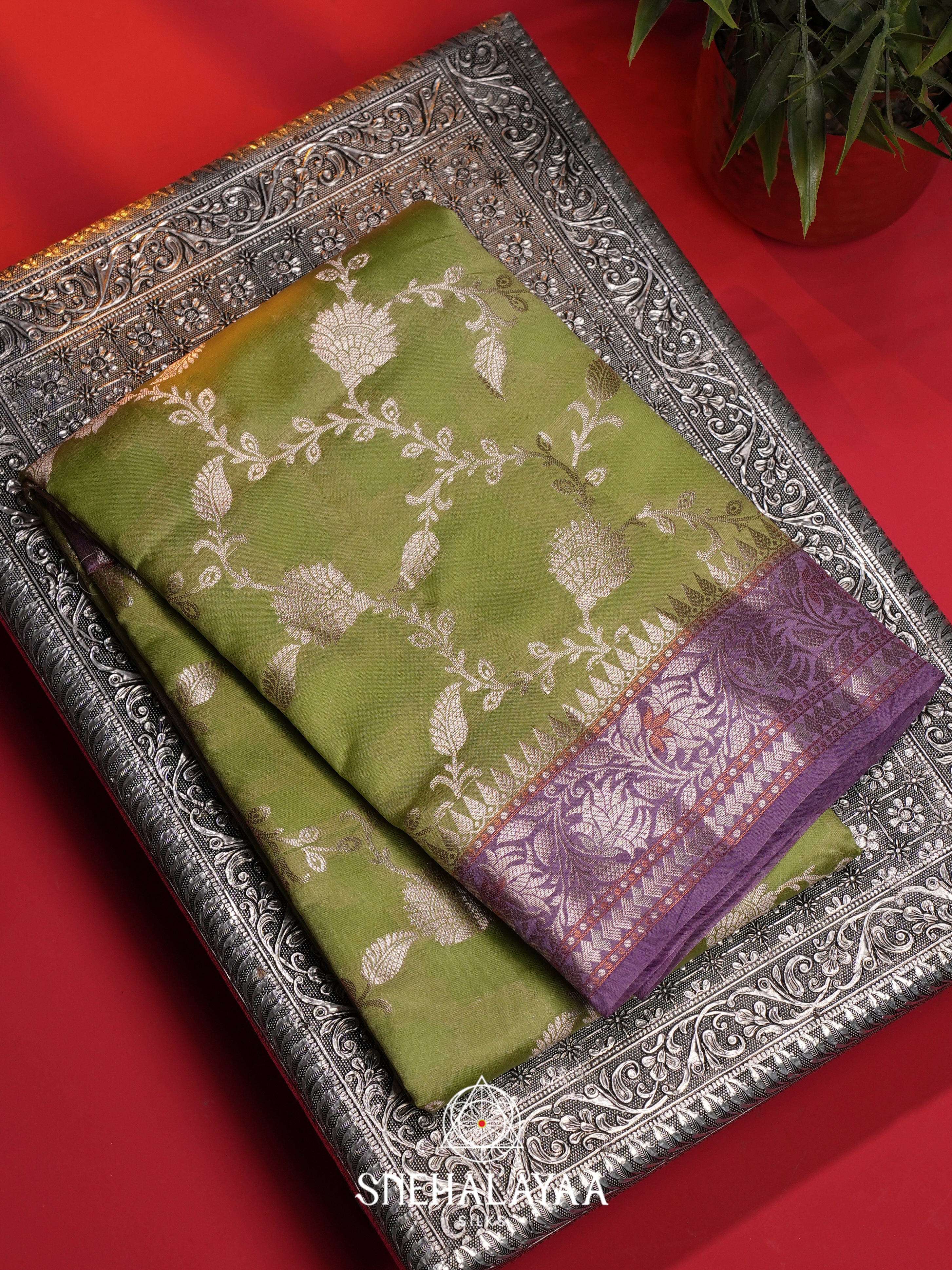 Olive Green Dupion Silk Saree