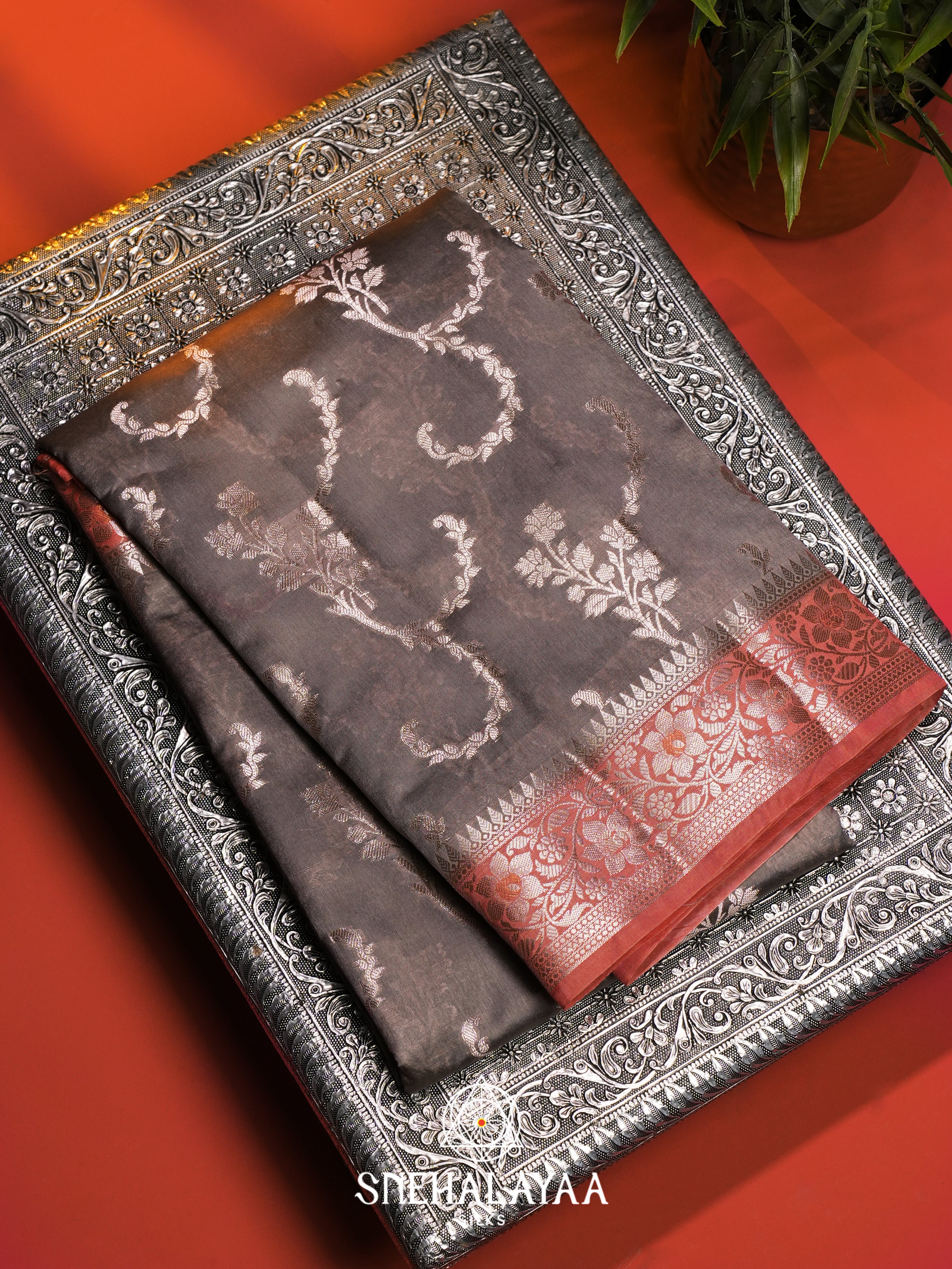Grey Dupion Silk Saree