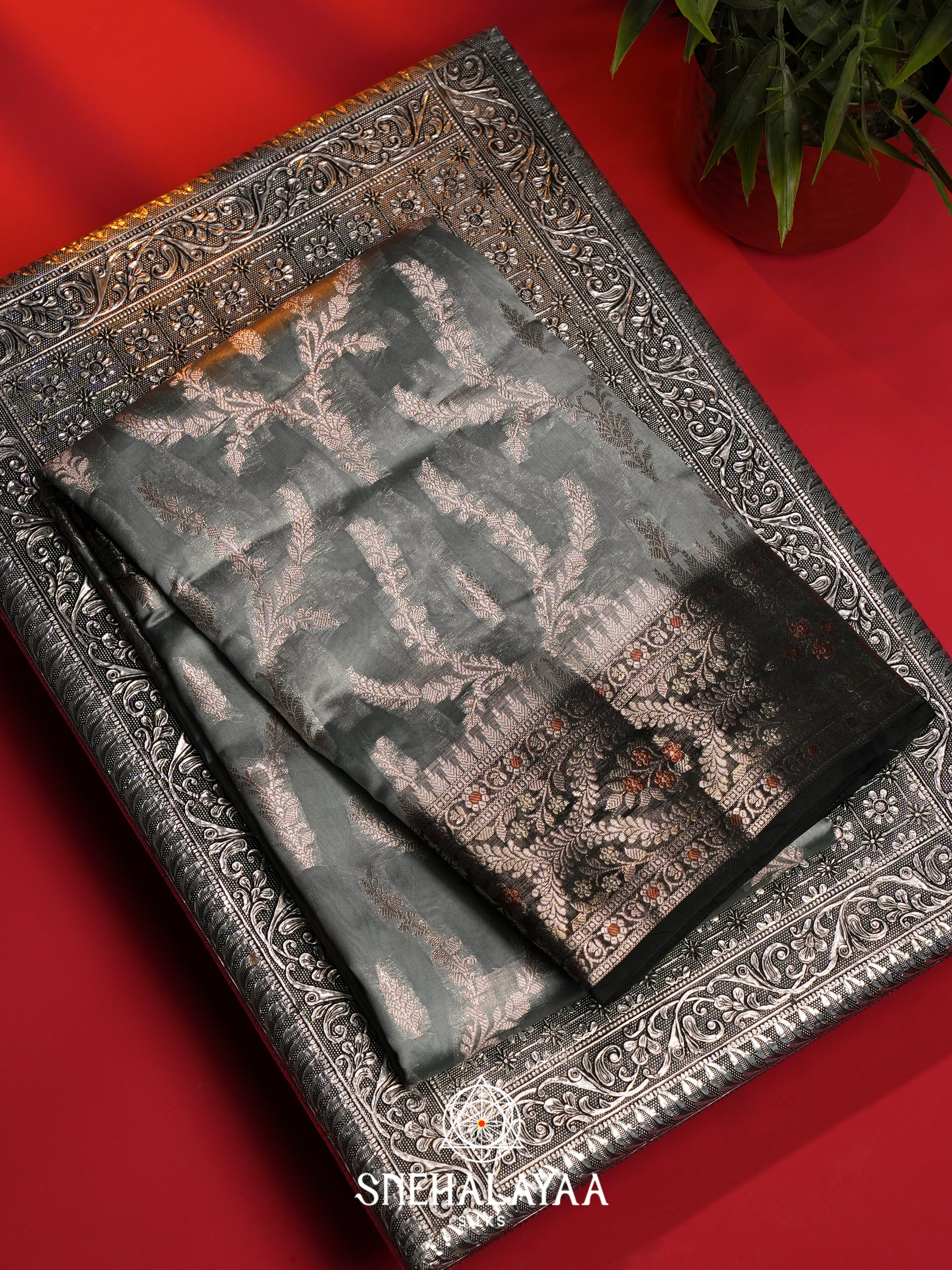 Grey Dupion Silk Saree