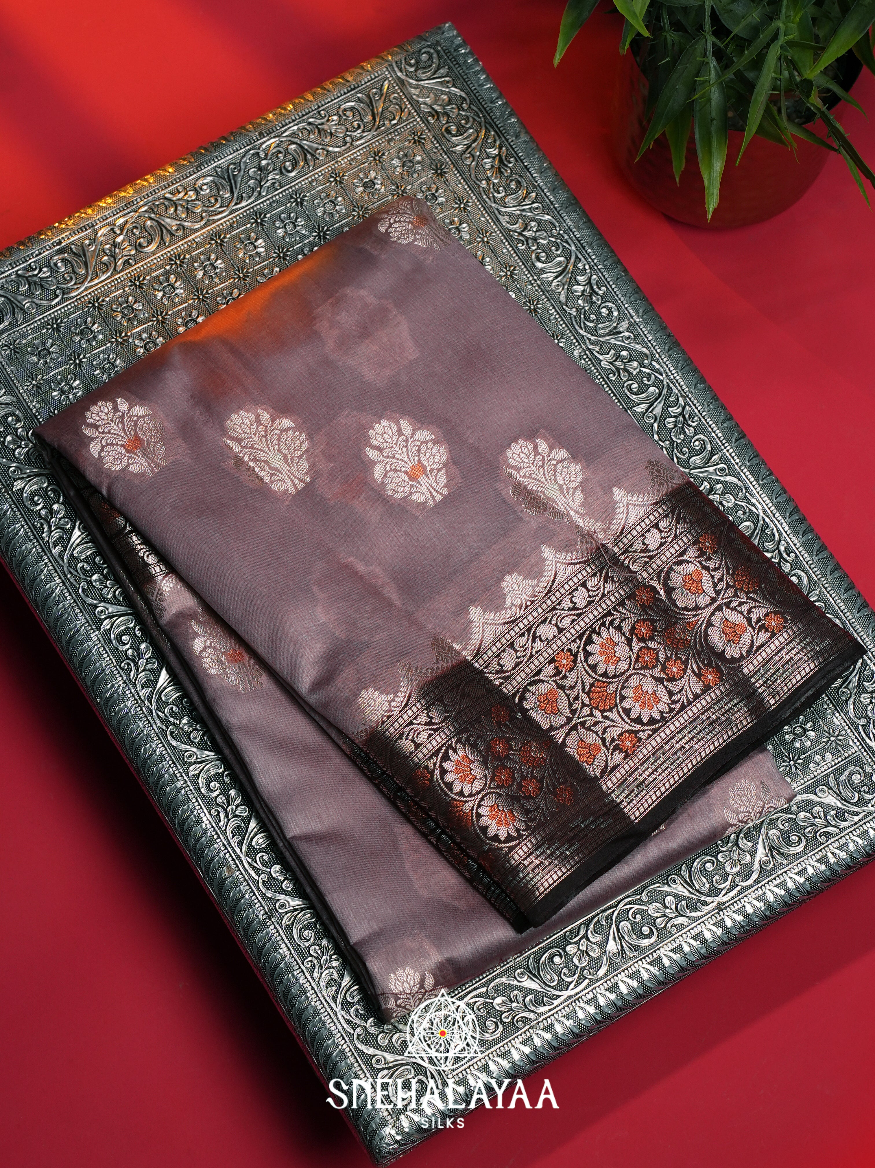Taupe Grey Dupion Silk Saree