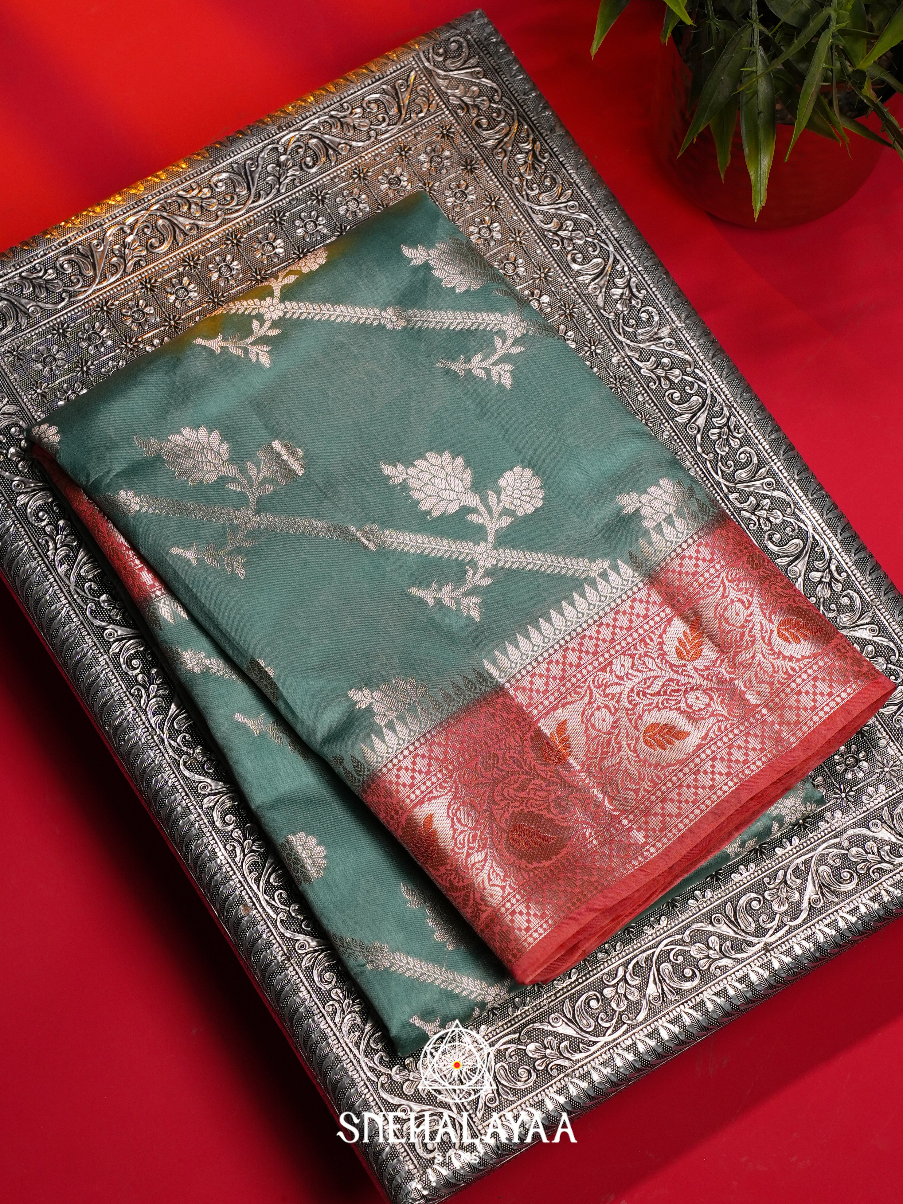 Teal Green Dupion Silk Saree