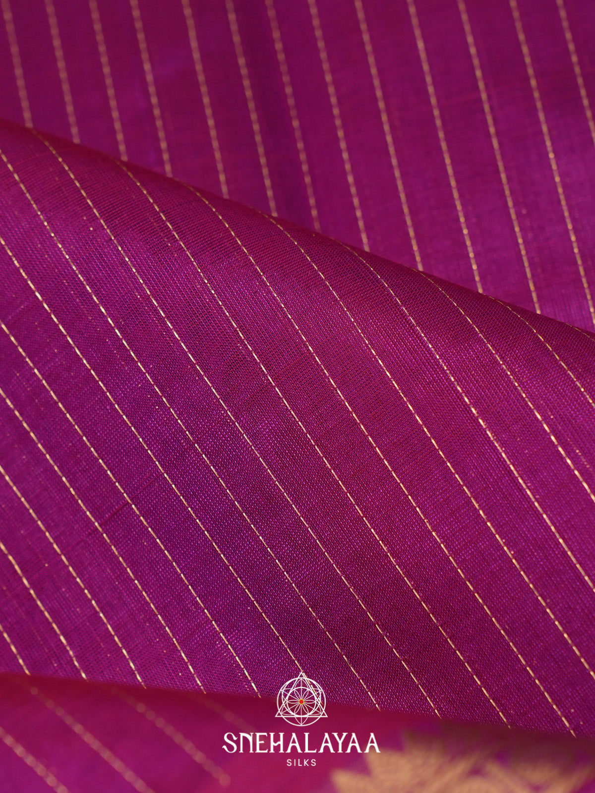 Magenta Striped Silk Cotton Saree with Gold Zari Border