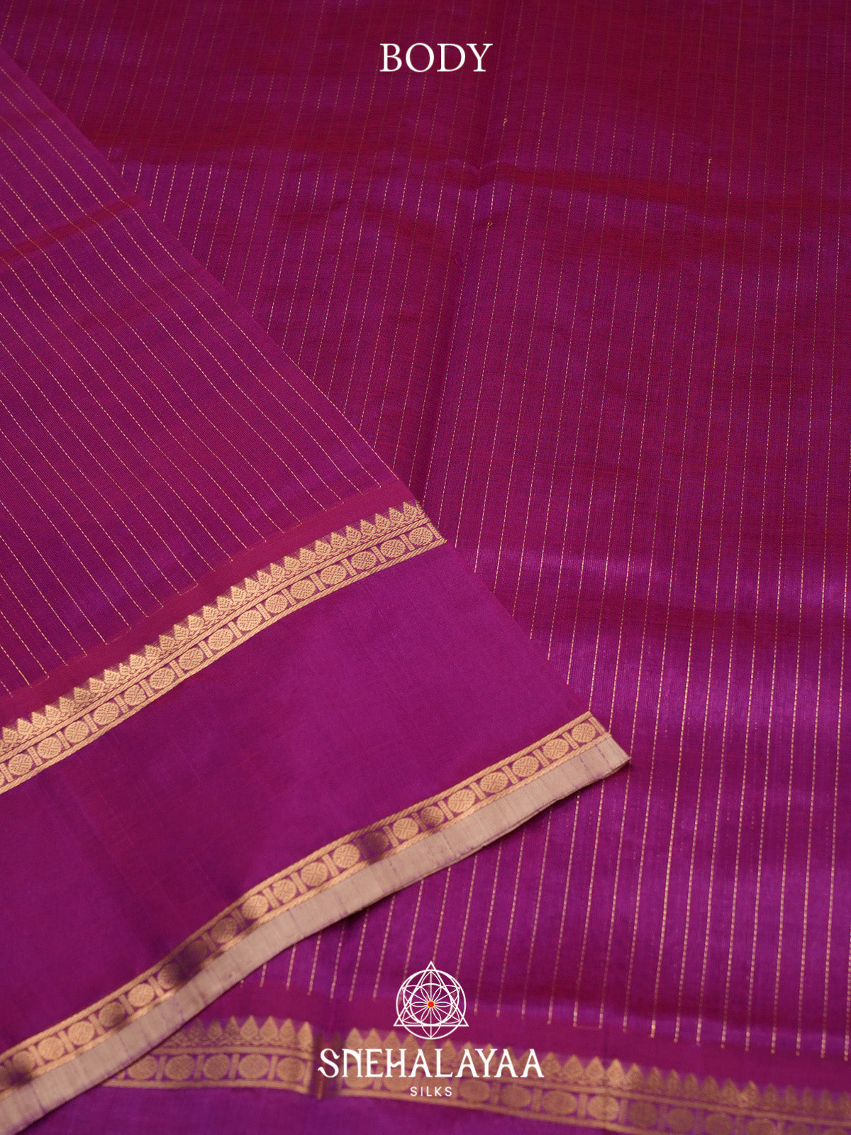 Magenta Striped Silk Cotton Saree with Gold Zari Border