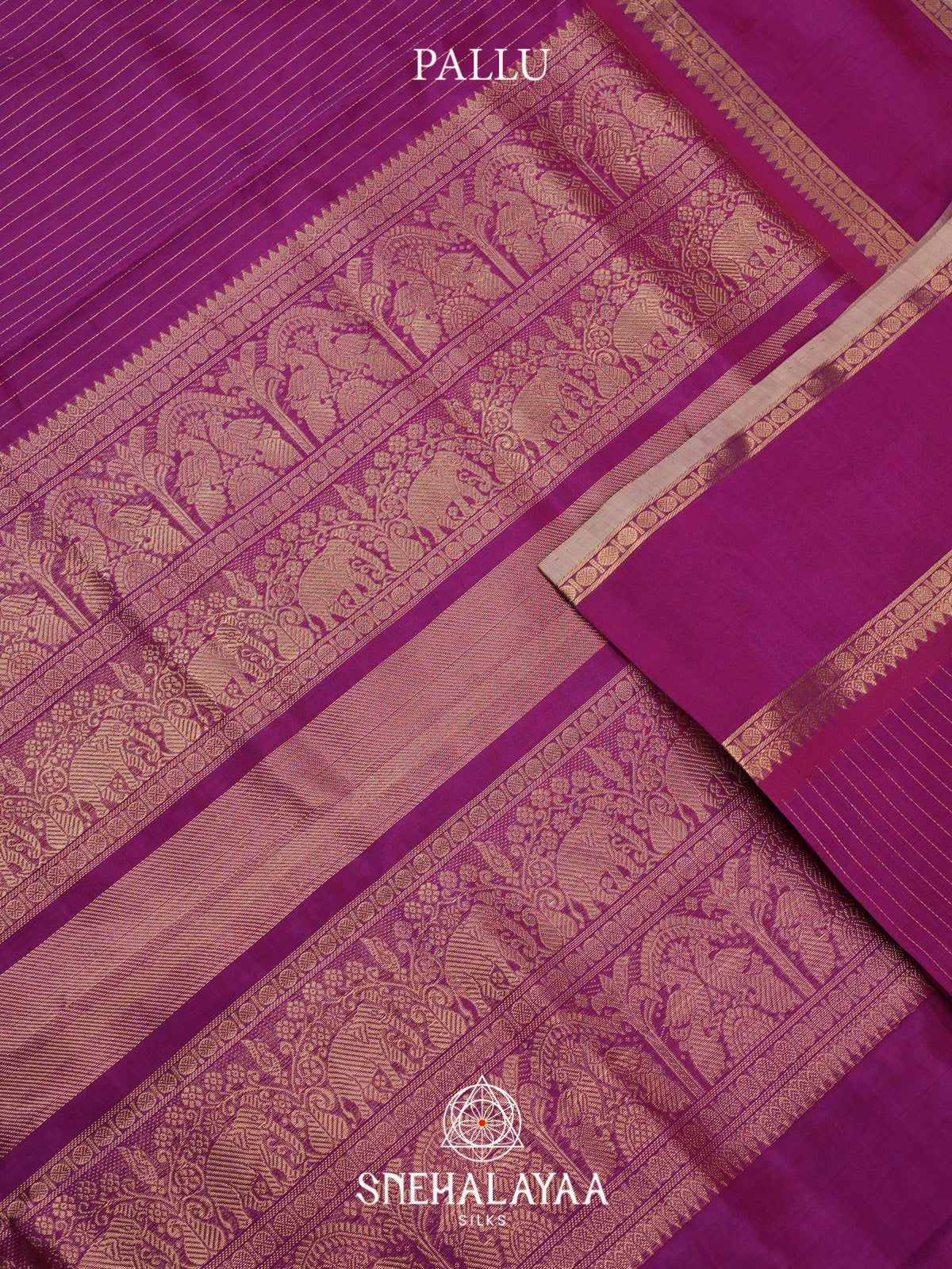 Magenta Striped Silk Cotton Saree with Gold Zari Border