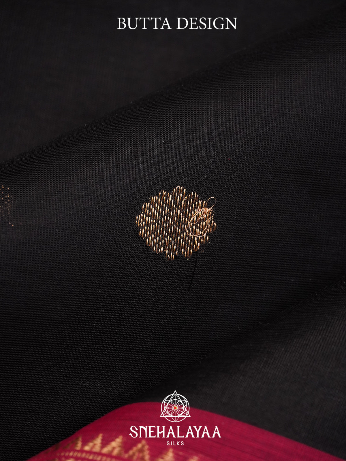 Black Silk Cotton Saree with Gold Zari Buttas and Rani Pink Zari Border