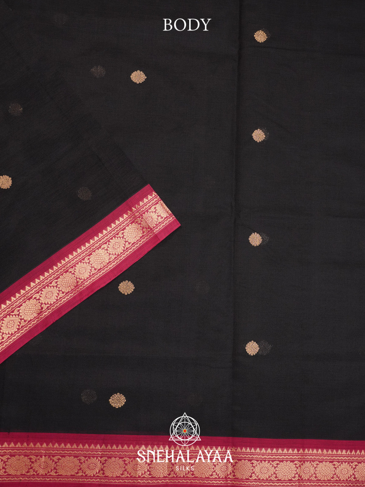 Black Silk Cotton Saree with Gold Zari Buttas and Rani Pink Zari Border