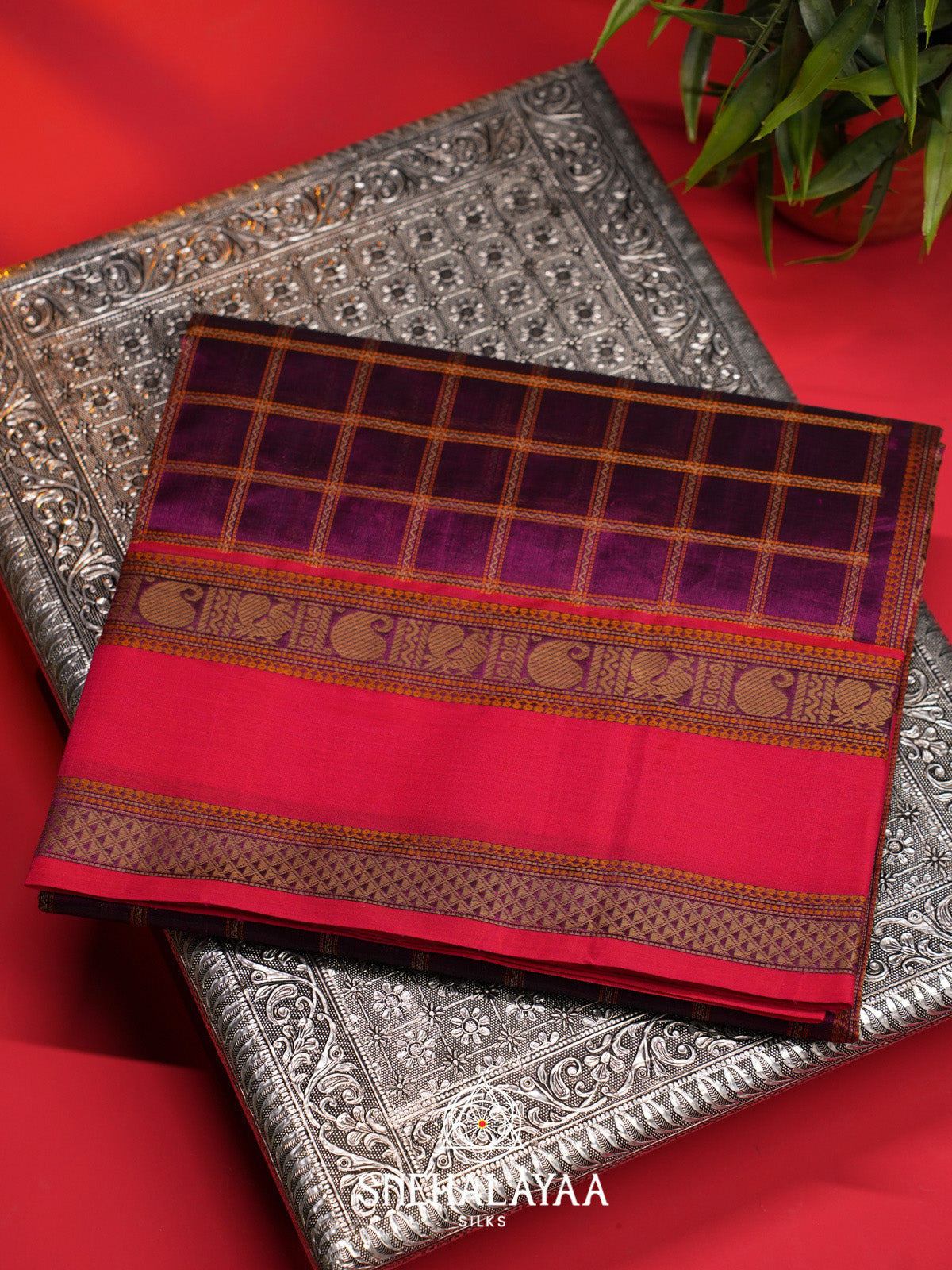 Purple Checks Silk Cotton Saree with Red Border