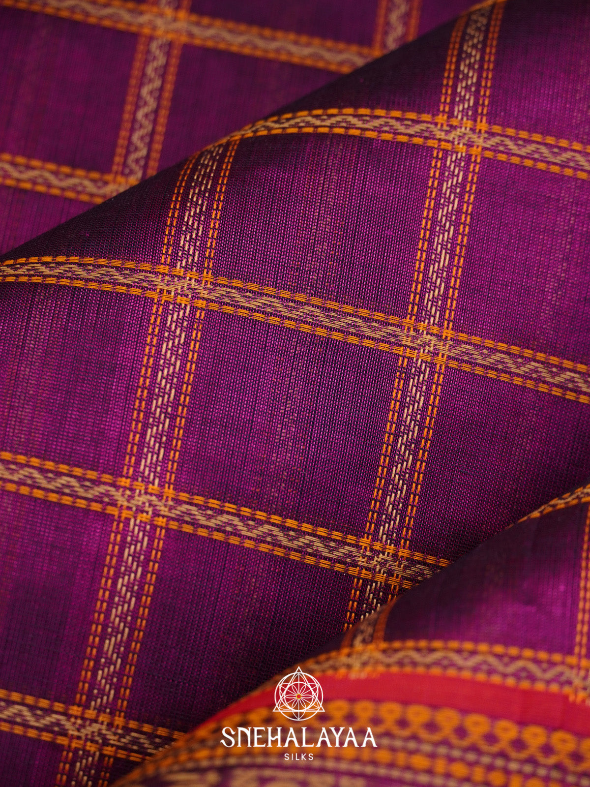 Purple Checks Silk Cotton Saree with Red Border