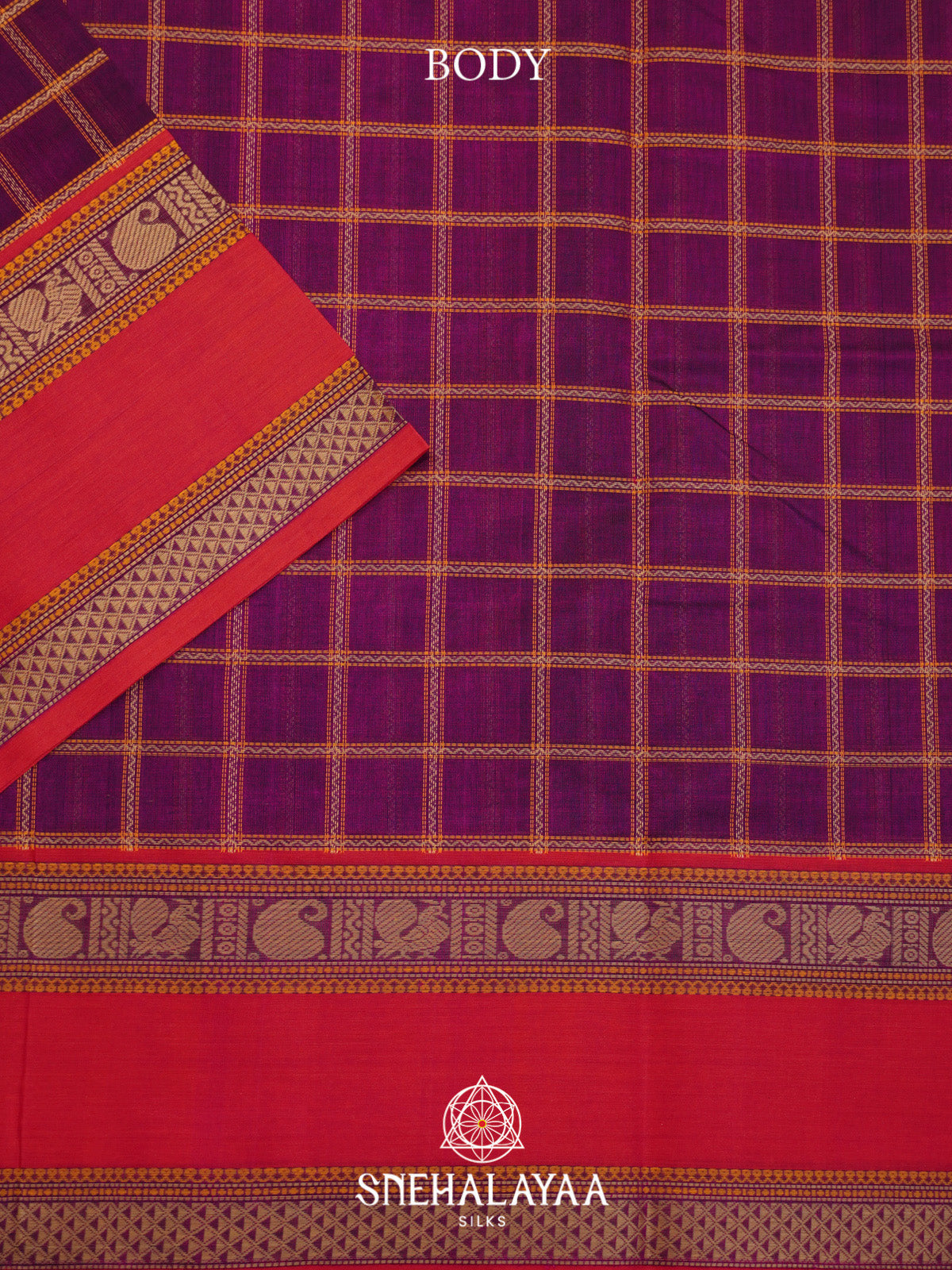 Purple Checks Silk Cotton Saree with Red Border