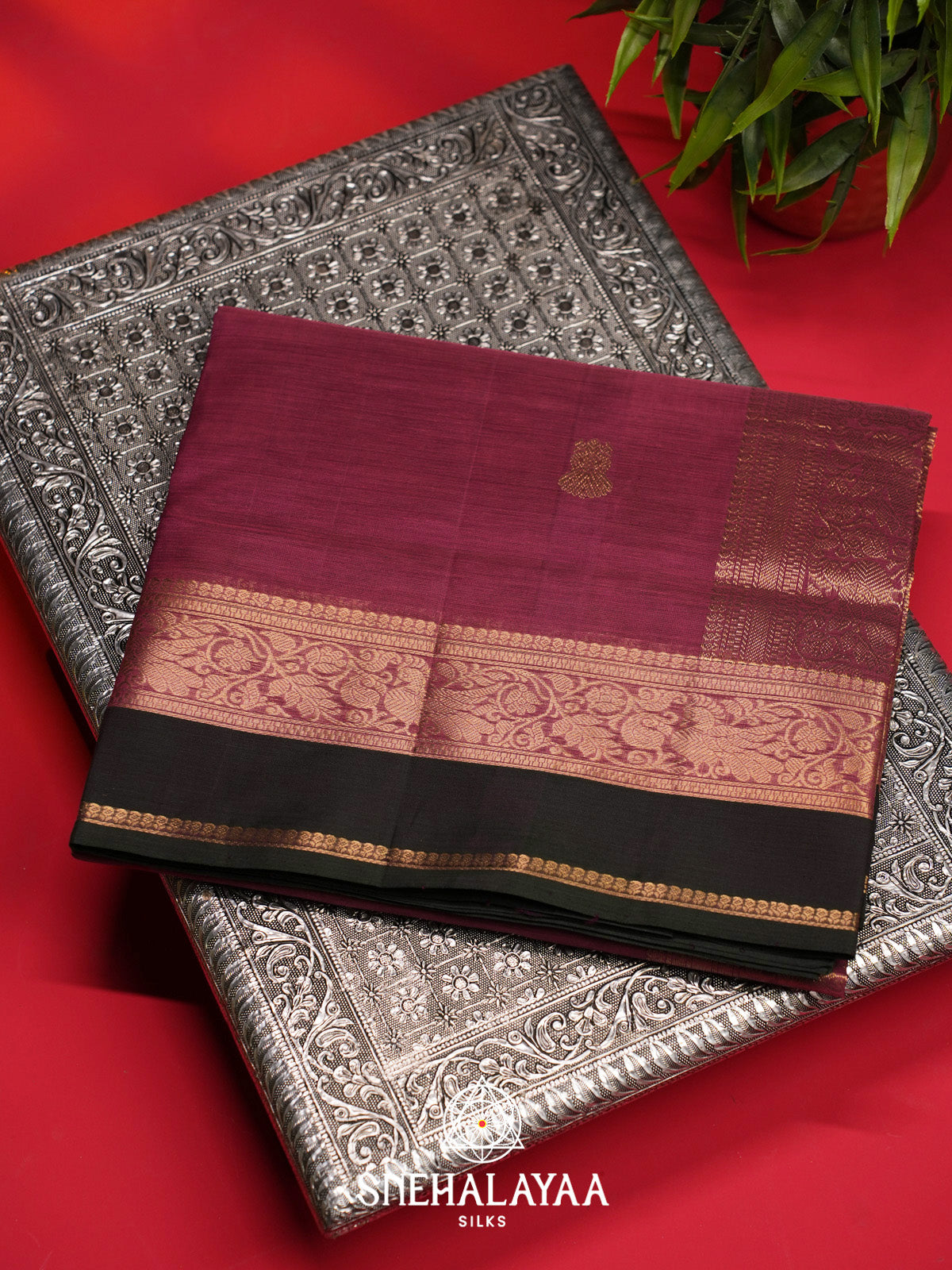Wine Silk Cotton Saree with Gold Zari Buttas and Black Zari Border