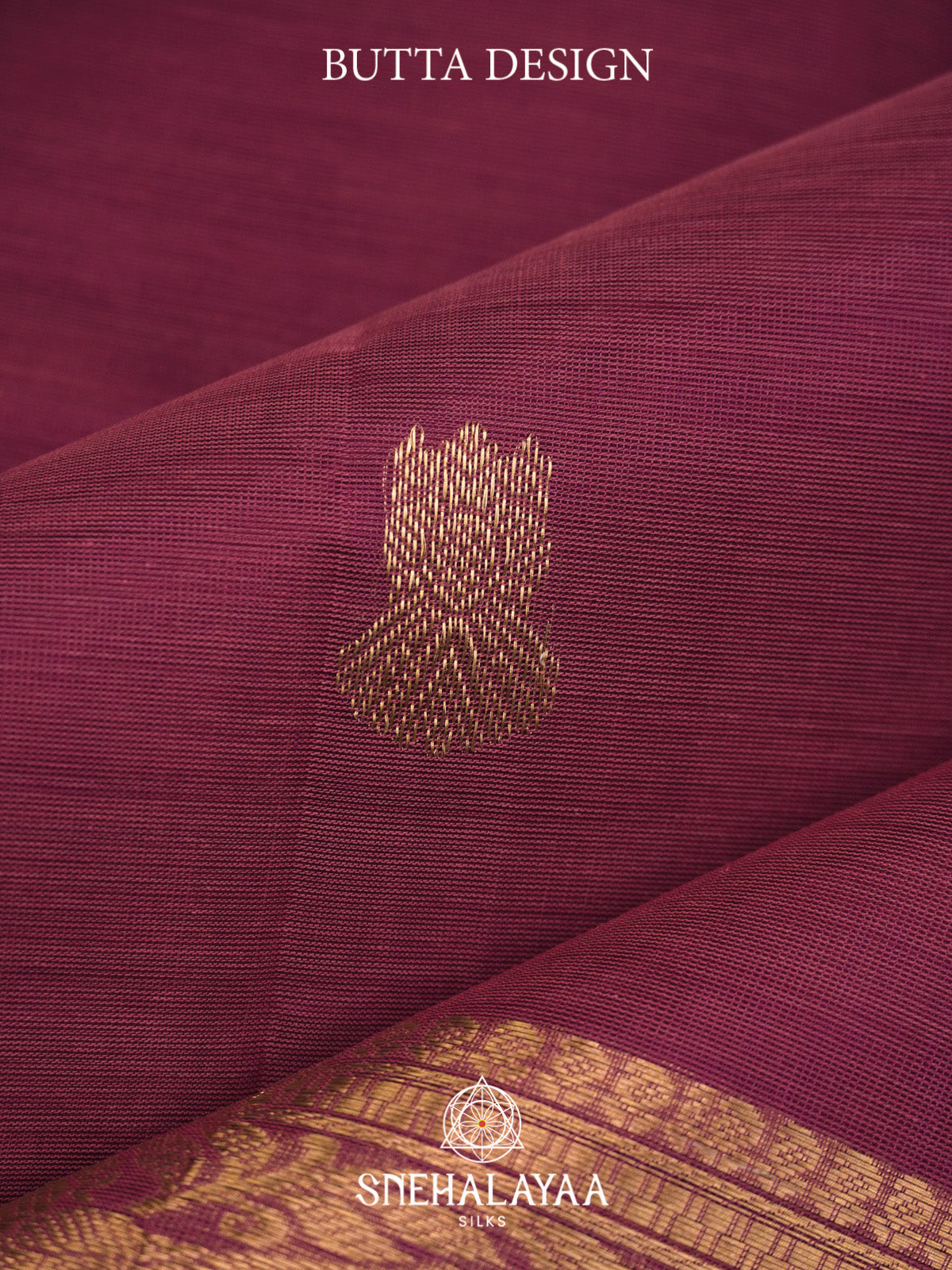 Wine Silk Cotton Saree with Gold Zari Buttas and Black Zari Border