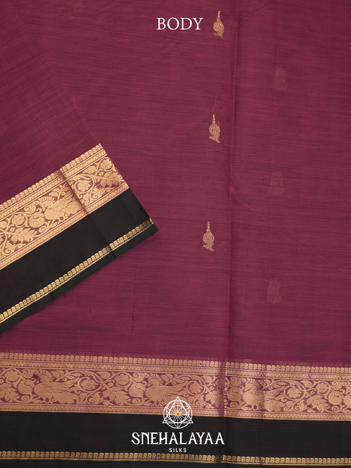 Wine Silk Cotton Saree with Gold Zari Buttas and Black Zari Border