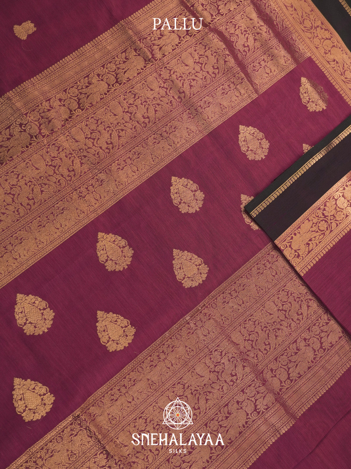 Wine Silk Cotton Saree with Gold Zari Buttas and Black Zari Border