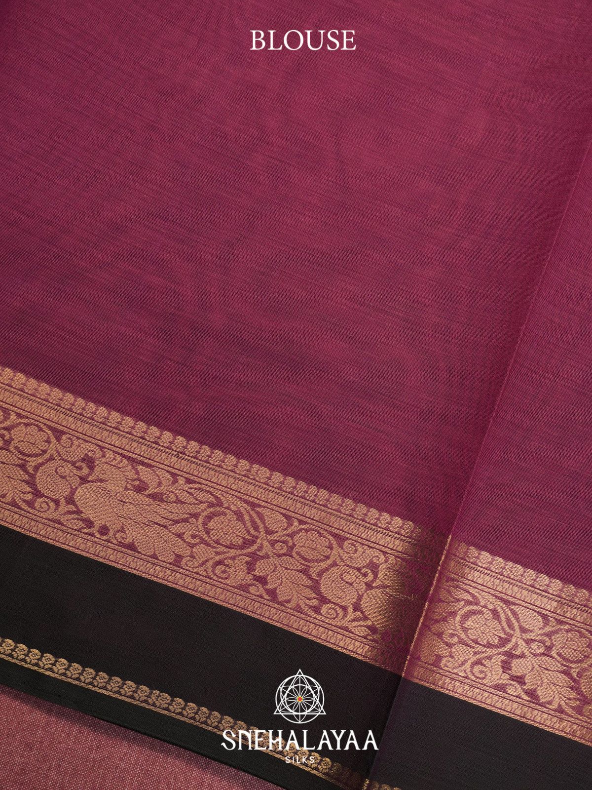 Wine Silk Cotton Saree with Gold Zari Buttas and Black Zari Border