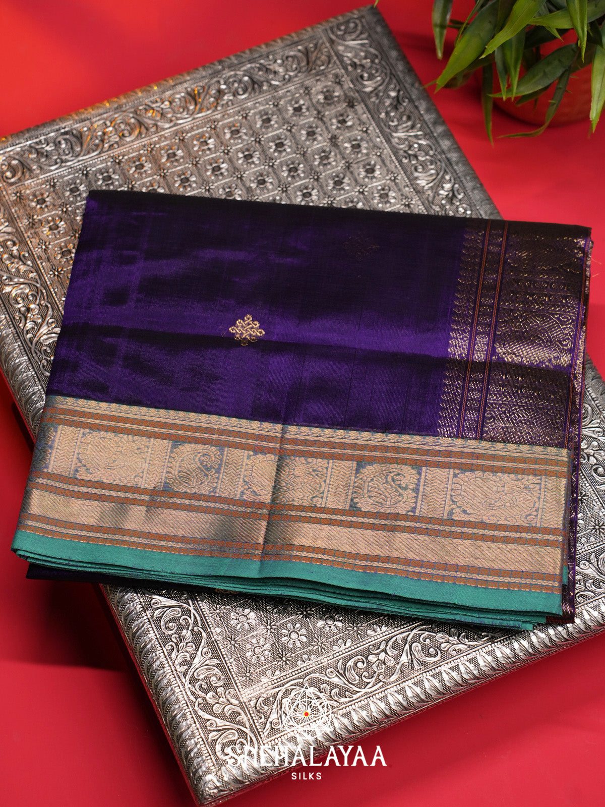 Royal Purple Silk Cotton Saree with Gold Zari Buttas and Zari Border