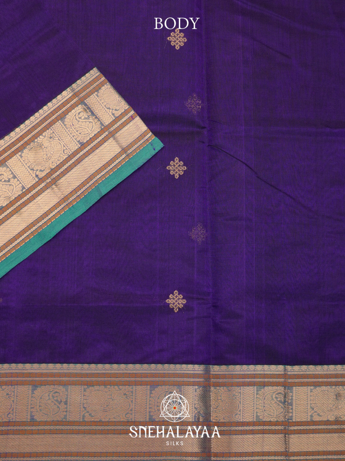 Royal Purple Silk Cotton Saree with Gold Zari Buttas and Zari Border