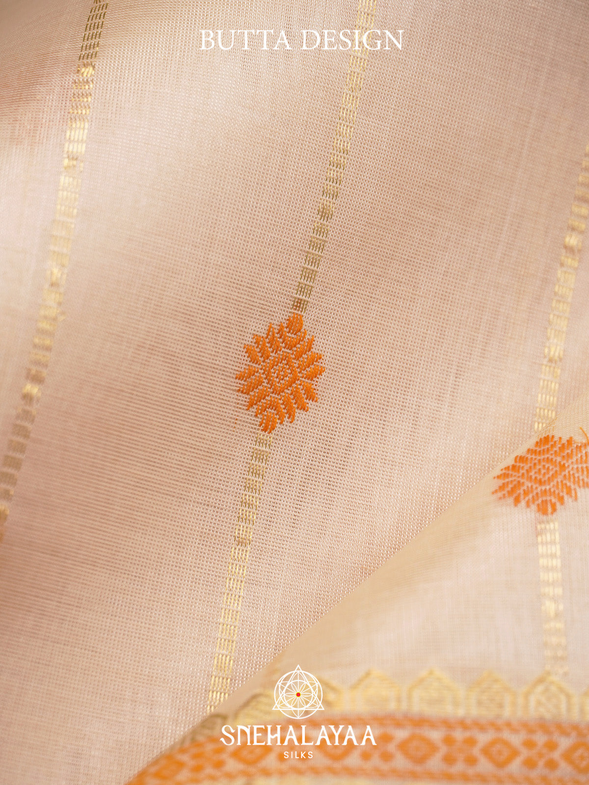 Cream Striped Silk Cotton Saree with Orange Buttas and Gold Zari Border