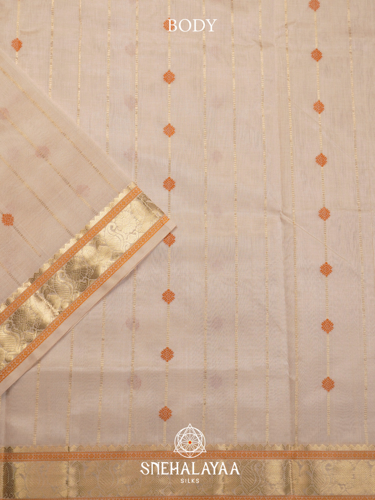 Cream Striped Silk Cotton Saree with Orange Buttas and Gold Zari Border